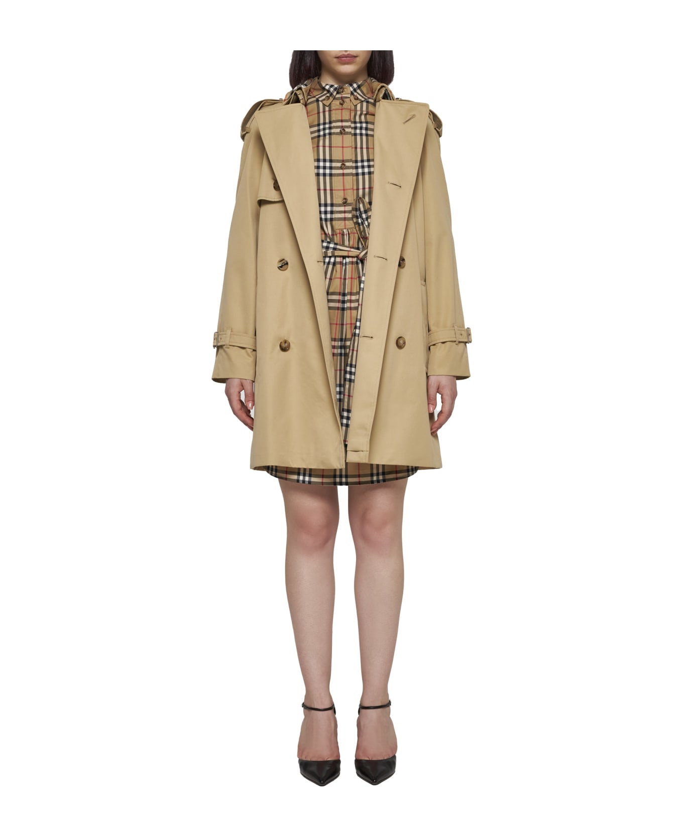 Burberry Cotton Double-breasted Short Trench Coat - Flax