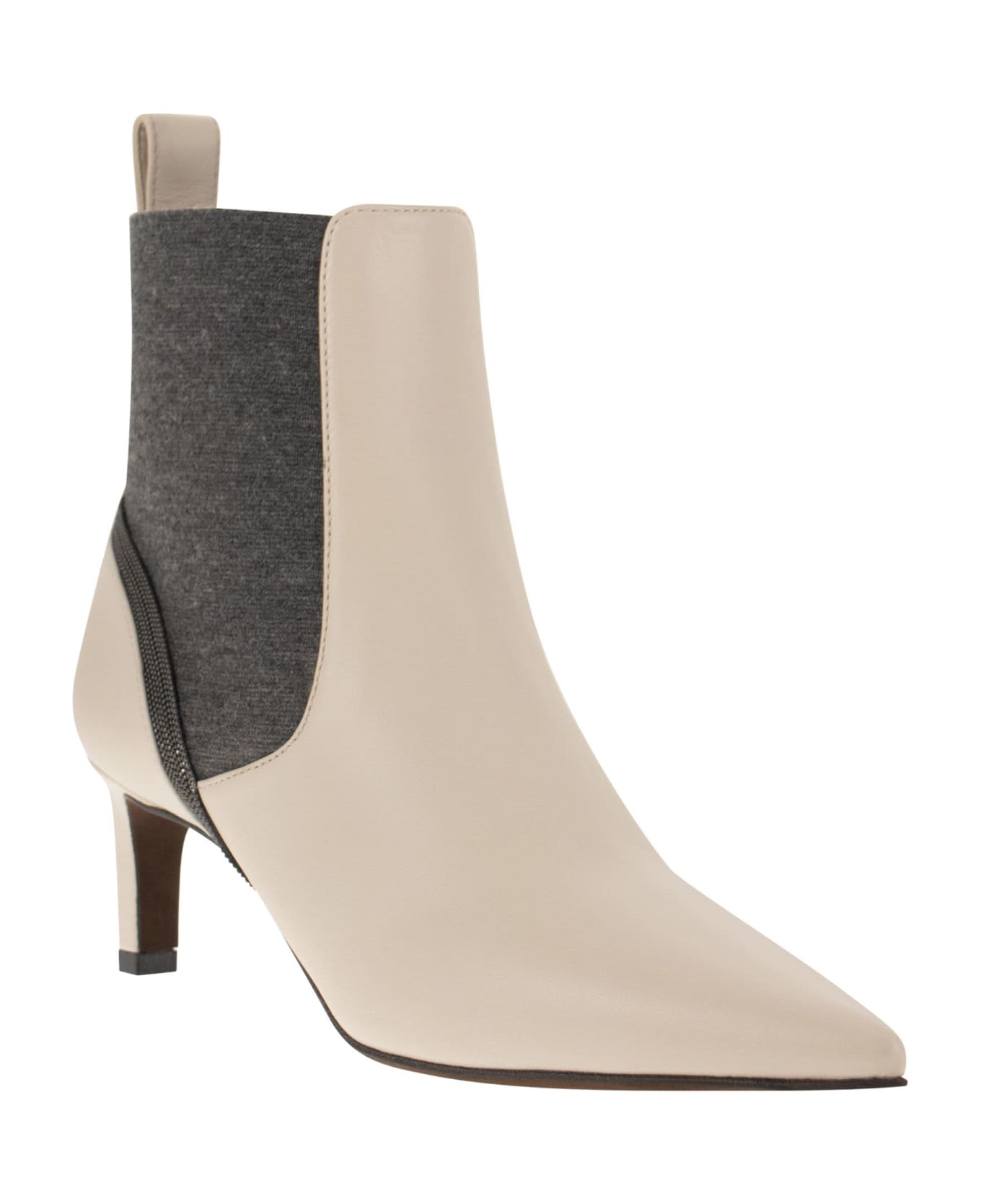 Brunello Cucinelli Leather Heeled Ankle Boots With Shiny Contour - Ivory/grey