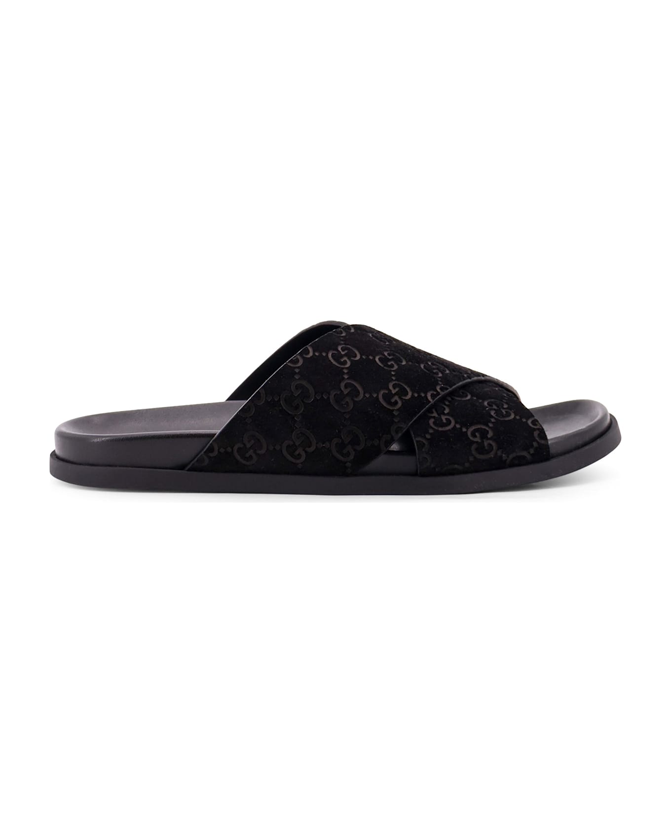 Gucci Leather Slides With All-over Gg Motif - Black
