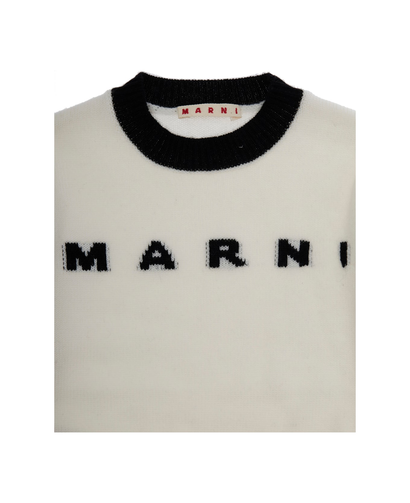 Marni White Crewneck Sweater With Logo Lettering On The Front And Contrasting Trims In Wool And Cashmere Woman - White