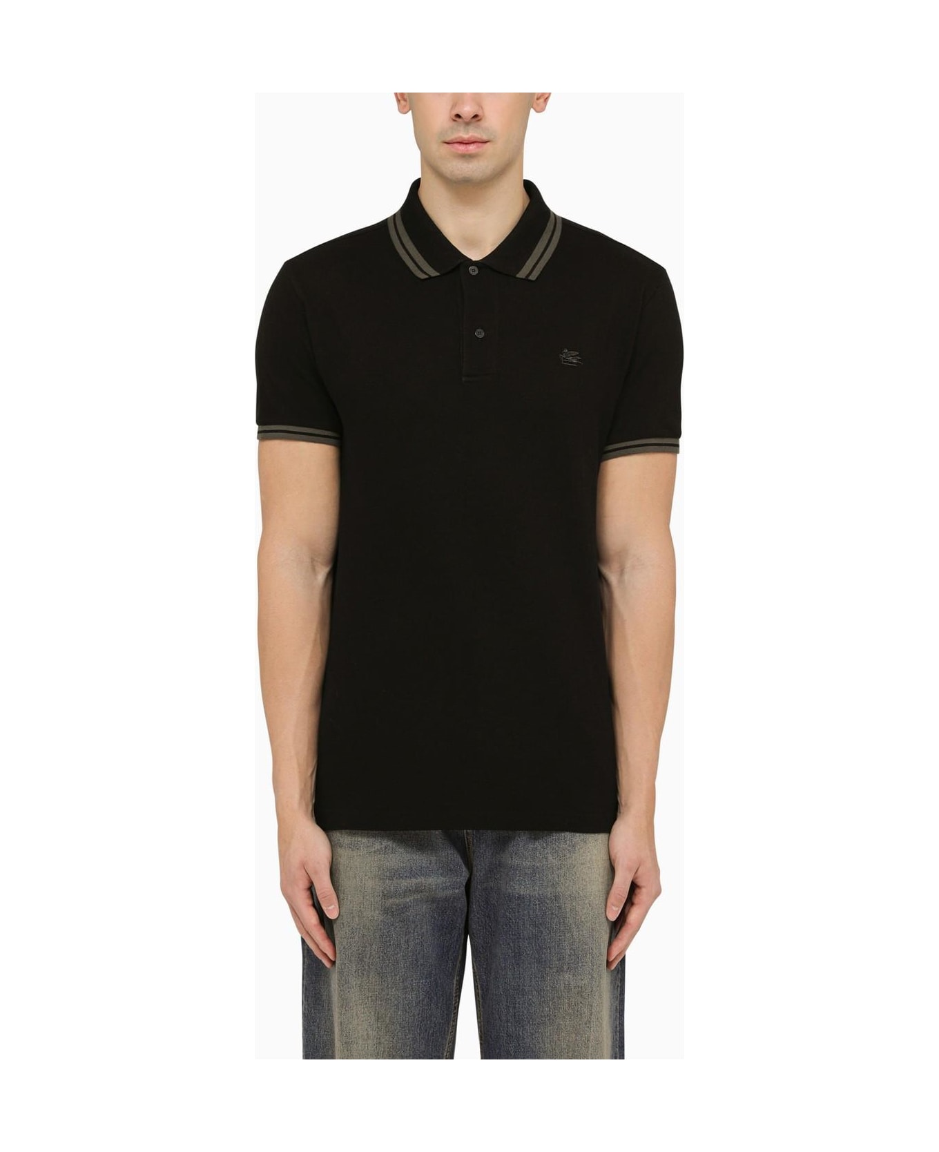 Etro Black Short-sleeved Polo Shirt With Logo Embroidery