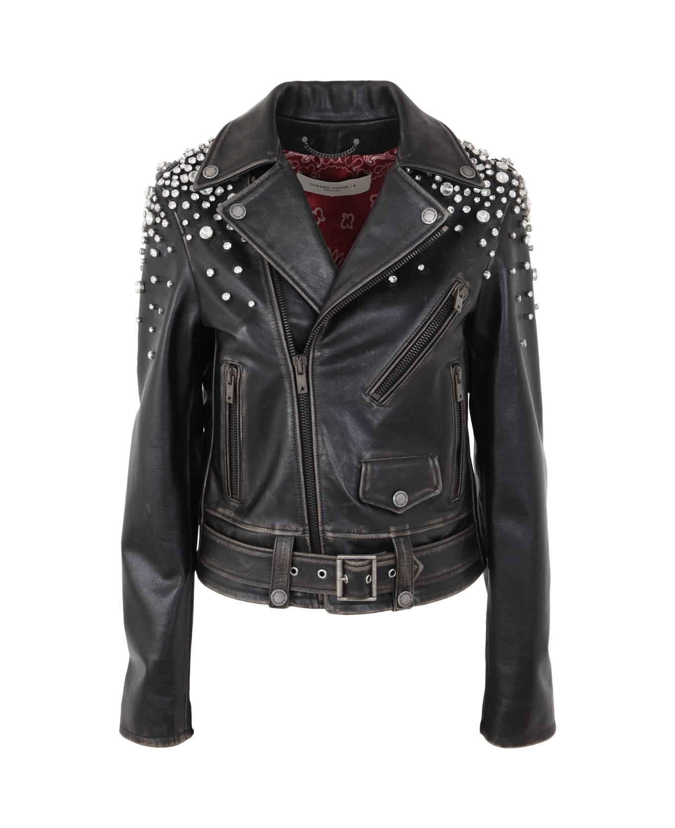 Golden Goose Golden Chiodo Jacket Distressed Bull Leather With Crystals Stones - Black