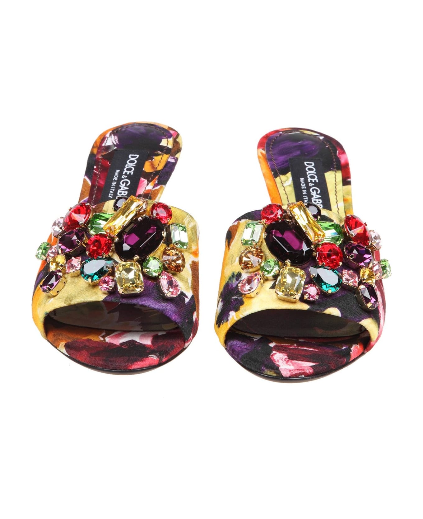 Dolce & Gabbana Slippers In Brocade Fabric With Colored Stones - Yellow