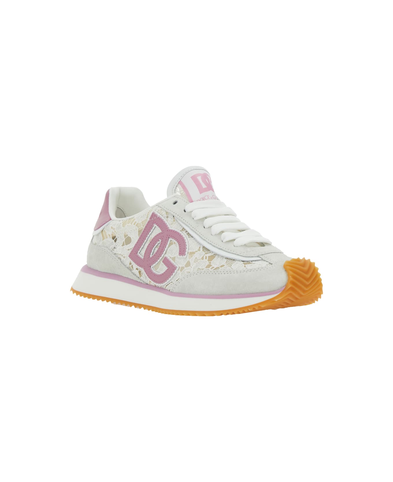 Dolce 
Gabbana White Low Top With Lace Details And Dg Patch On The Side In Fabric And Suede Blend Woman - White