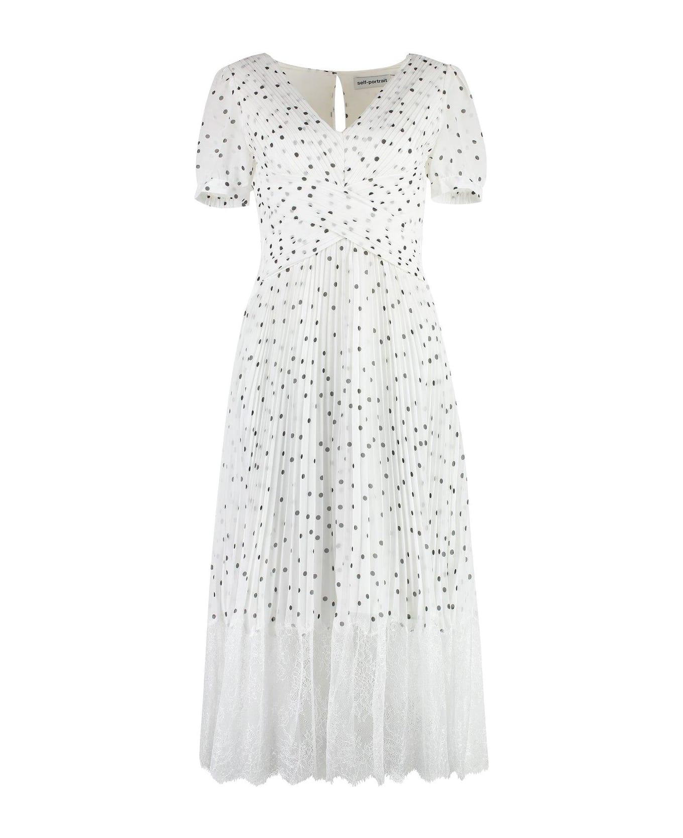self-portrait Polka Dot Printed V-neck Pleated Dress - WHITE