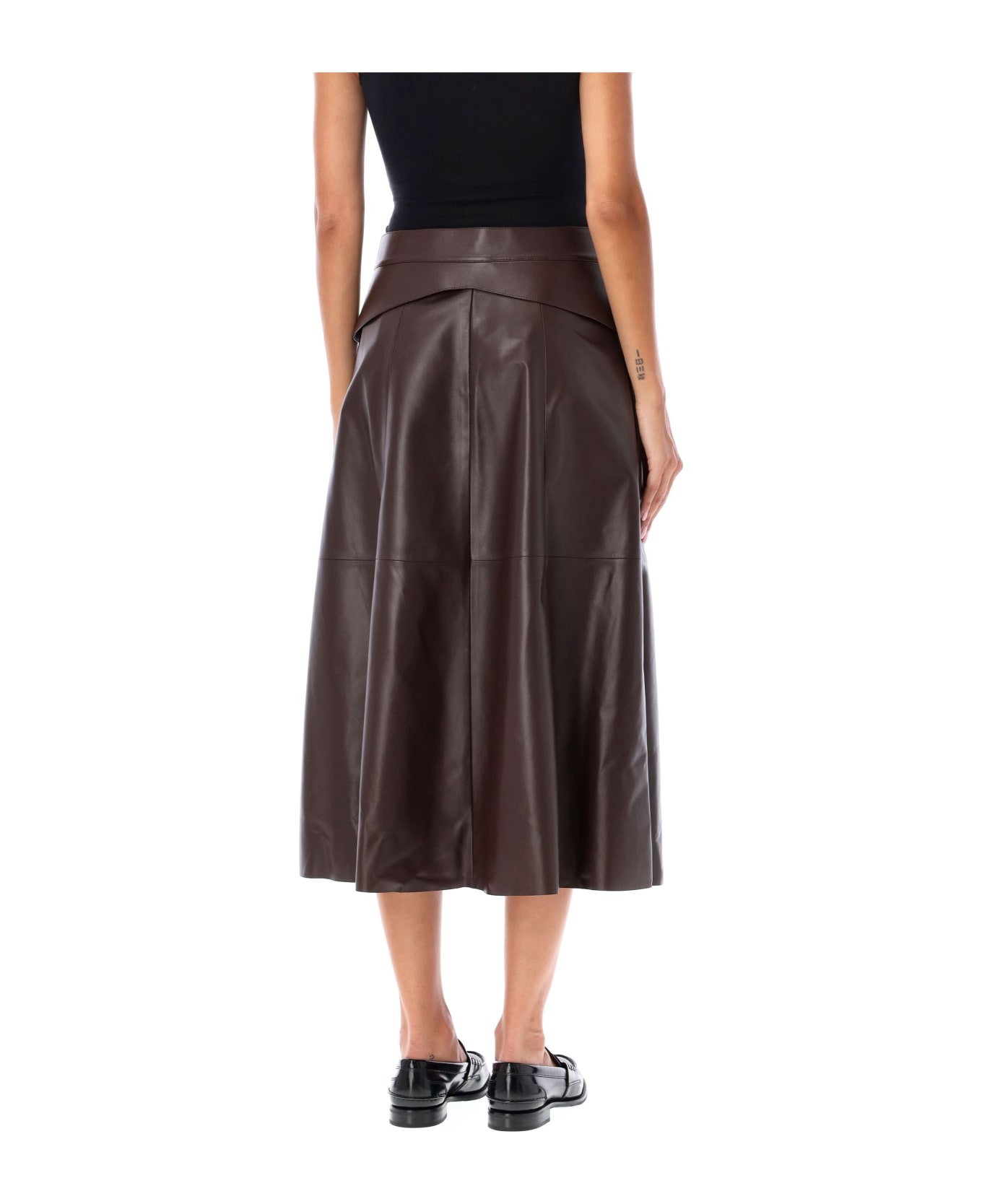 Ralph Lauren Godet Selleria Midi Leather Skirt - BROWN MOKA