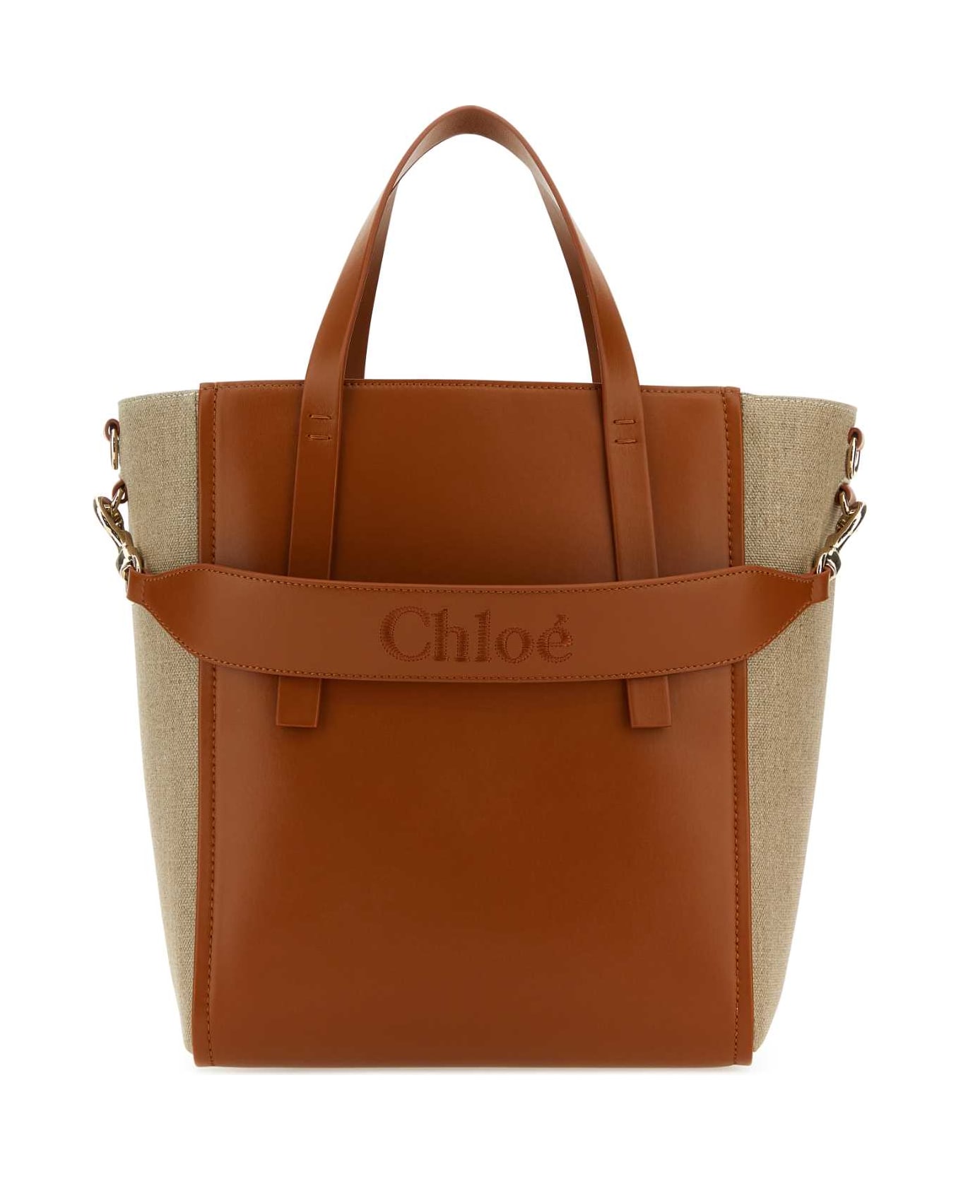 Chloé Two-tone Linen And Leather Medium Sense Shopping Bag - CARAMEL