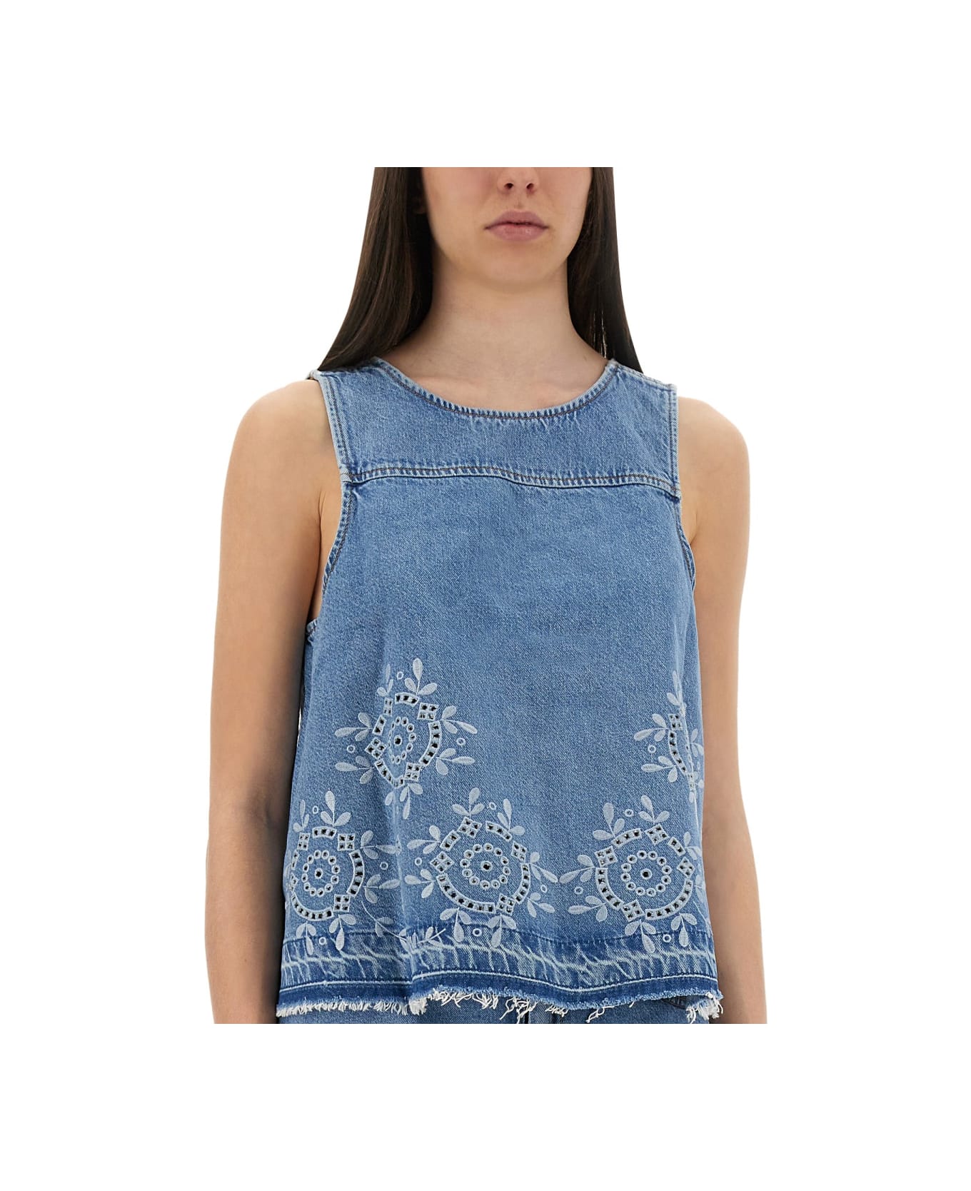 Ganni Top With Sangallo Embroidery - DENIM
