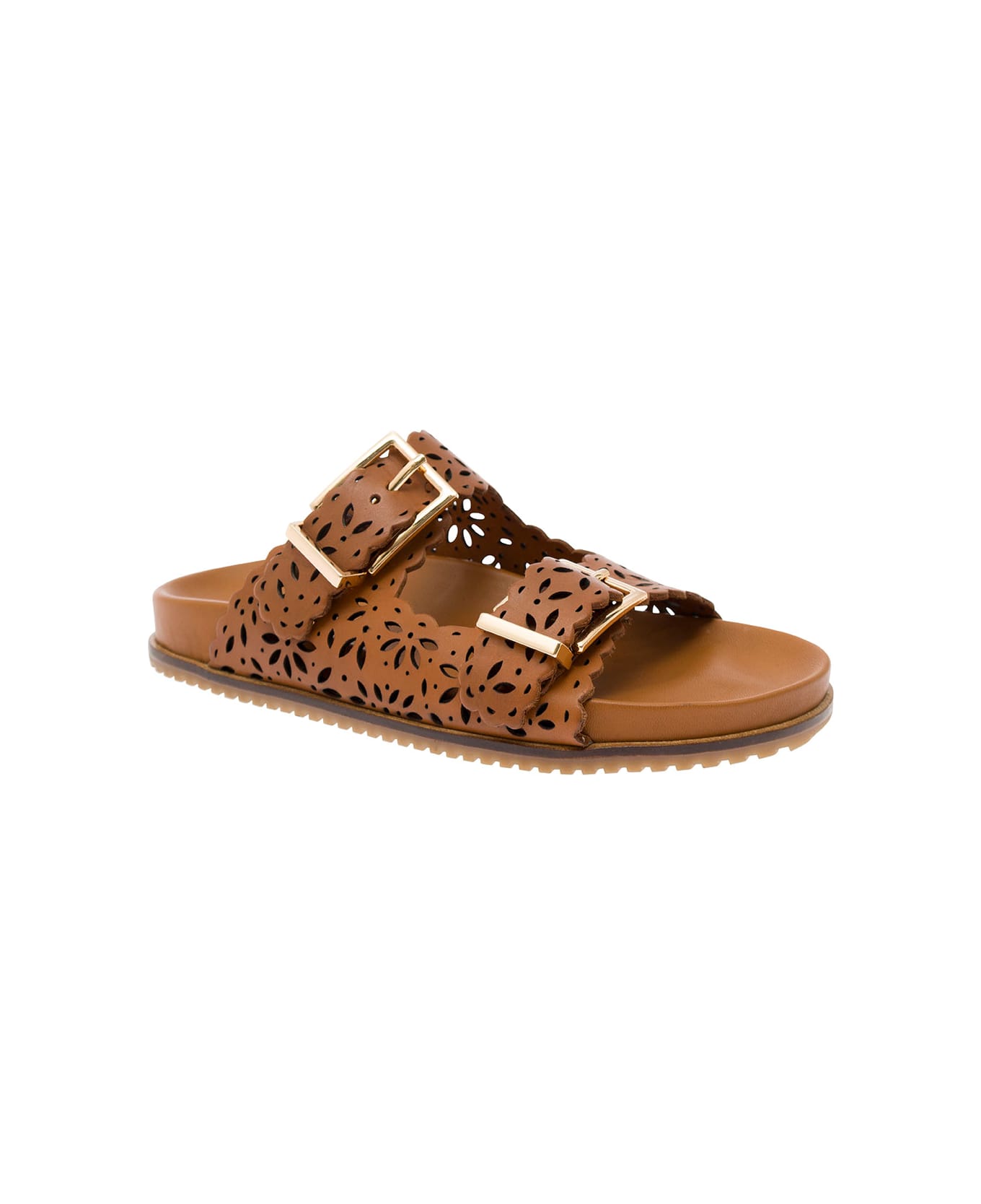 TwinSet Brown Mules With Double Bukles In Leather Woman - Brown