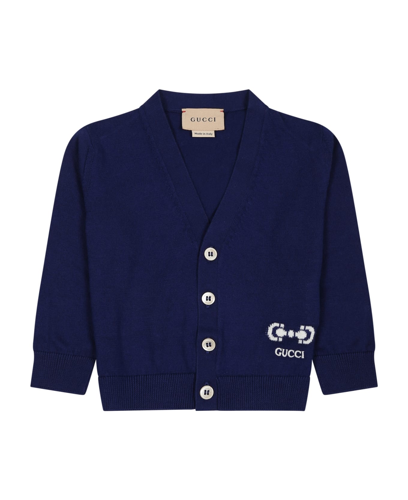 Gucci Blue Cardigan For Baby Boy With Logo - Blue ニットウェア＆スウェットシャツ