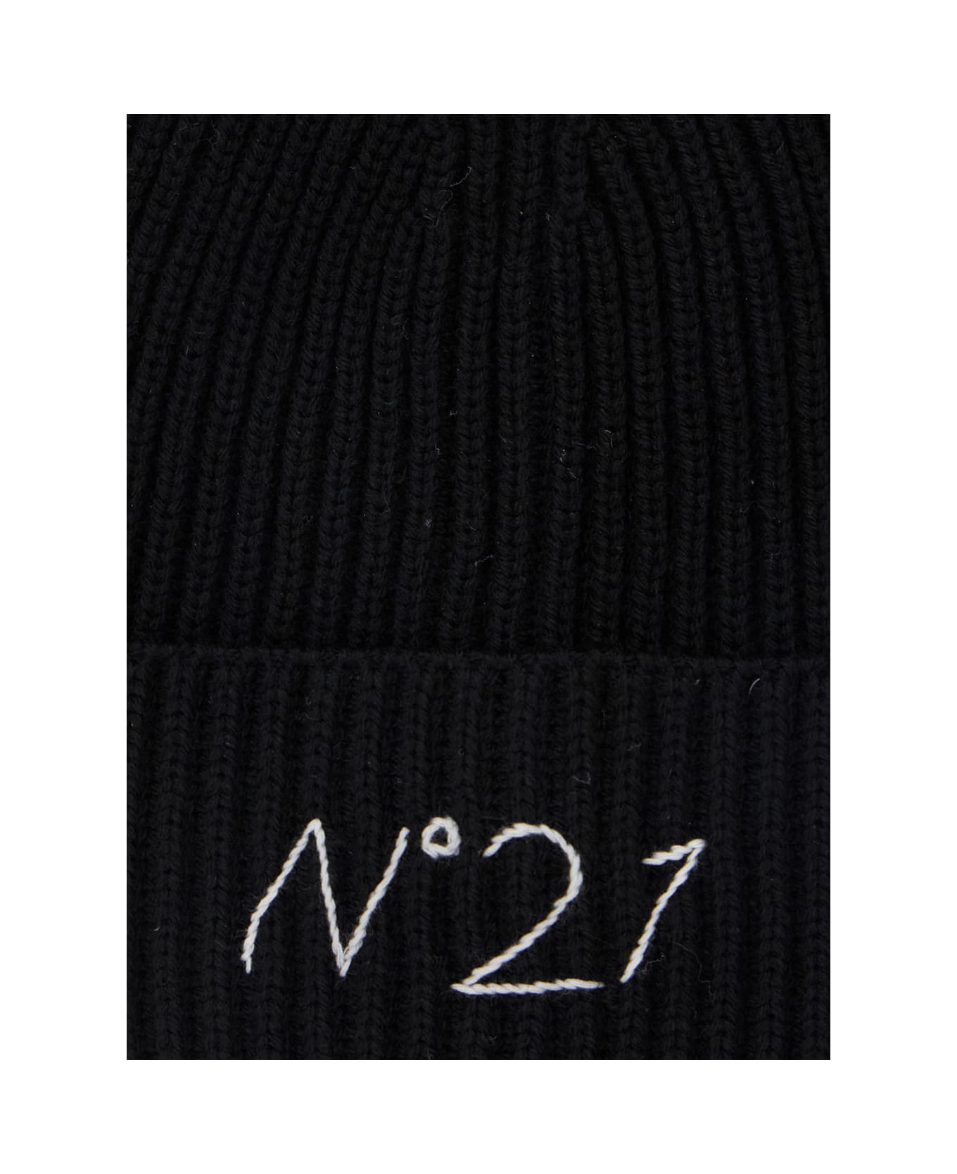 N.21 Black Beanie With Turn-up Brim And Logo Embroidery In Wool Blend Boy - Black