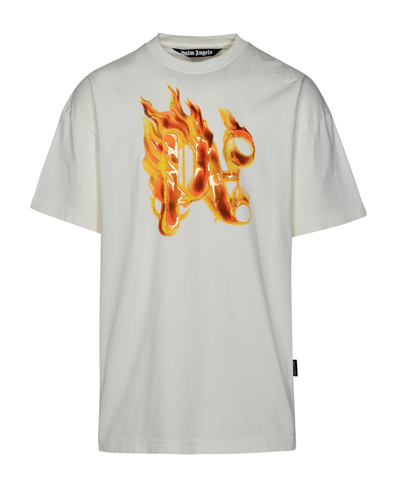 Palm Angels 'burning Monogram' White Cotton T-shirt - White/gold