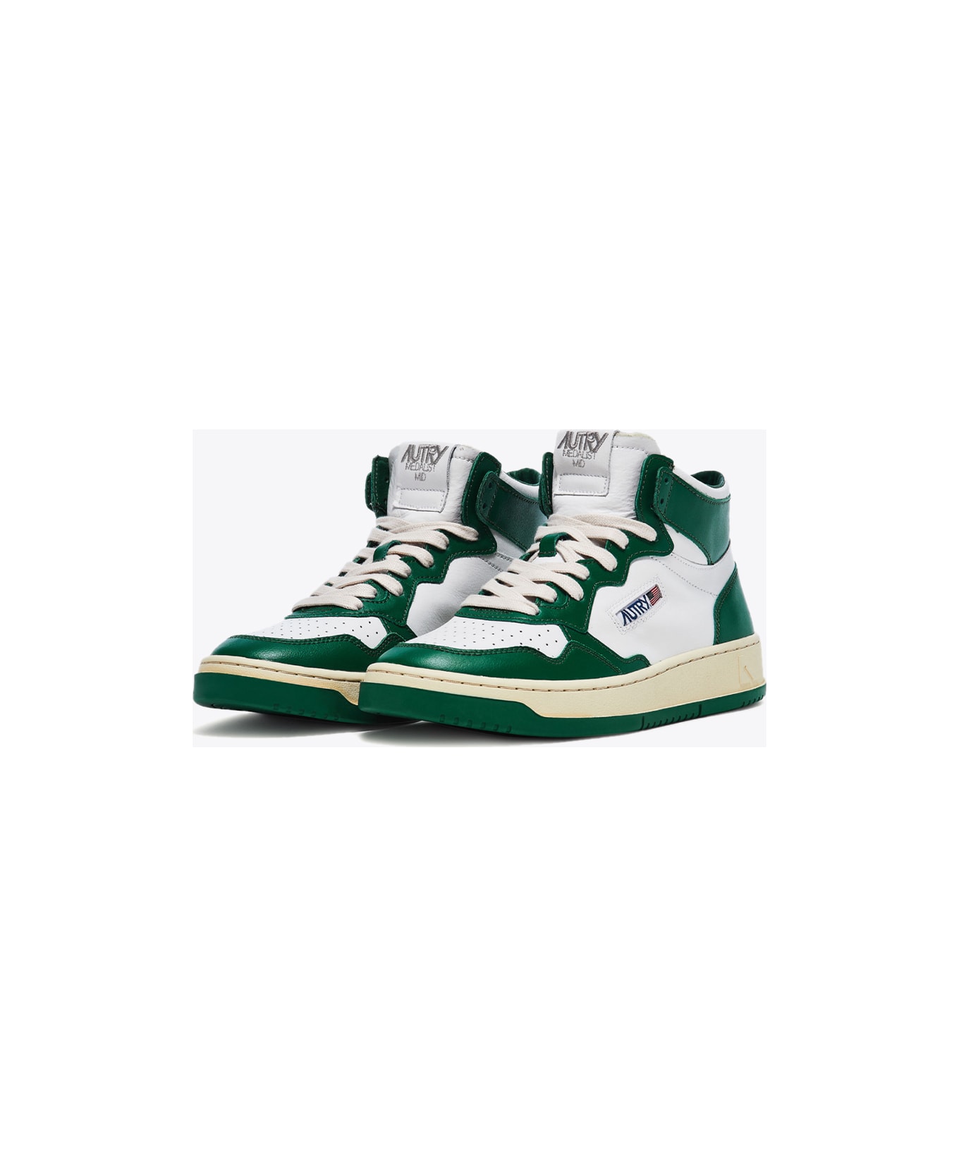 Autry 01 Mid Man Leat Mountain White and green leather mid top sneaker - Medalist Mid - Bianco/verde