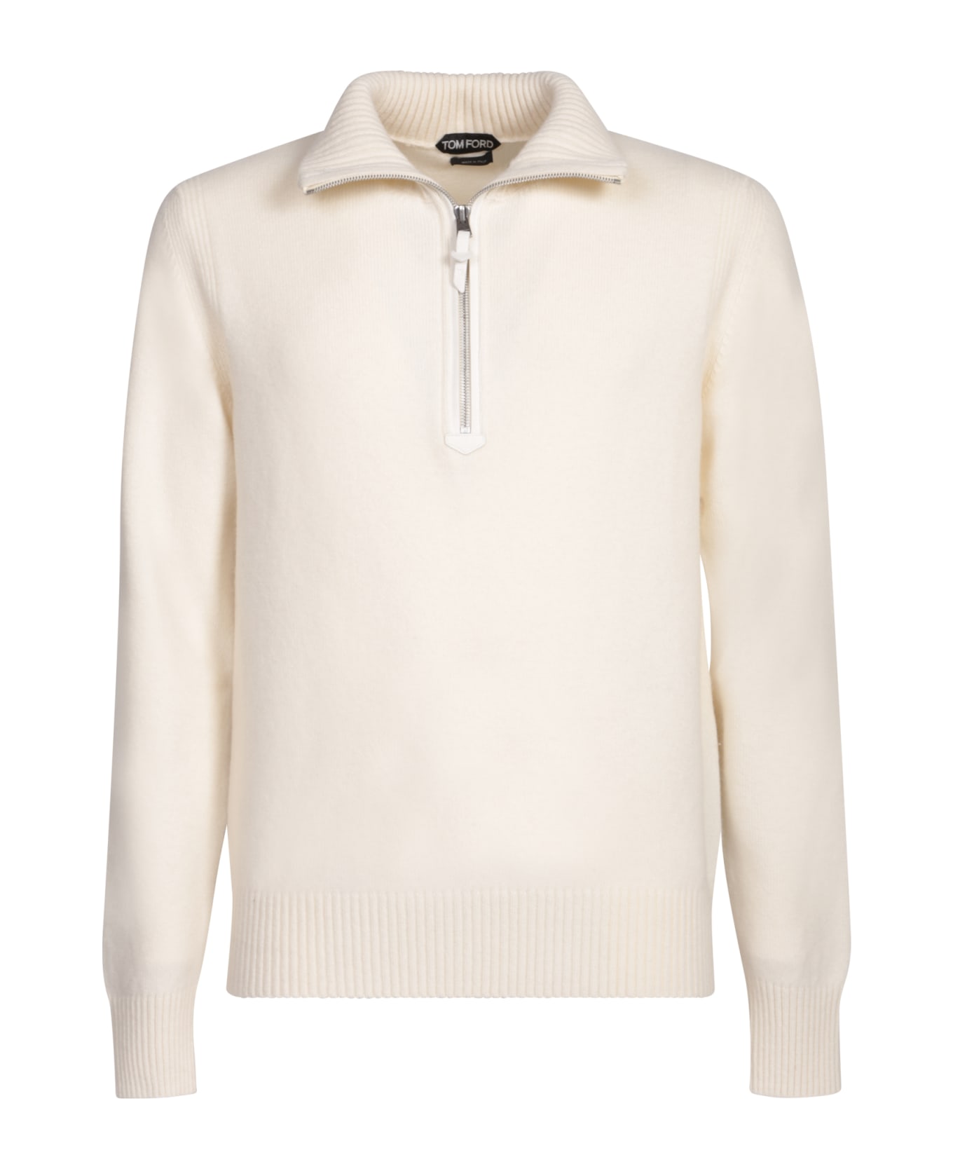 Tom Ford White Long-sleeve Sweater With Zip-up Mock Neck In Wool And Cashmere Man - White