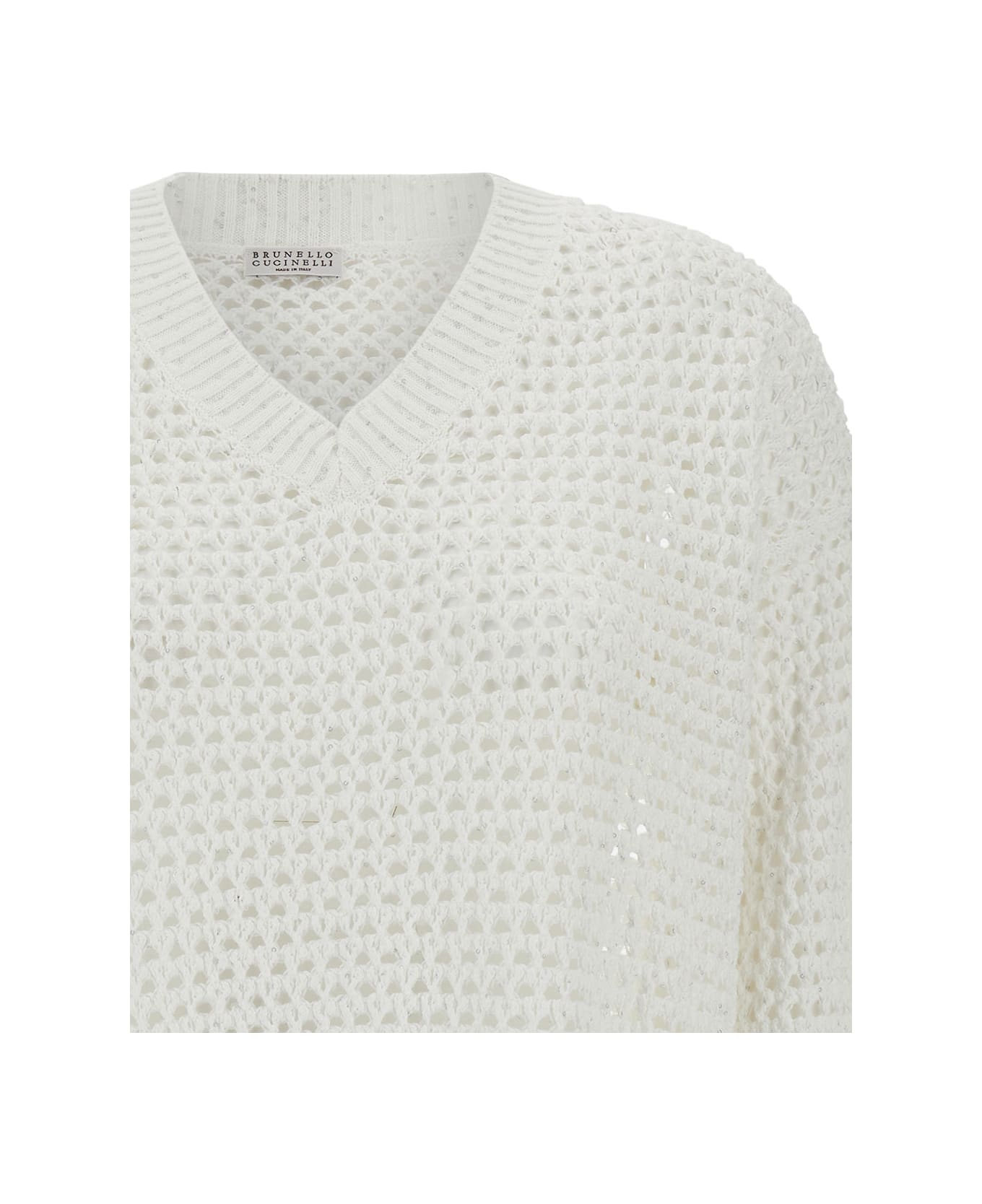 Brunello Cucinelli Pullover With V Neckline In Open-work Knit - White