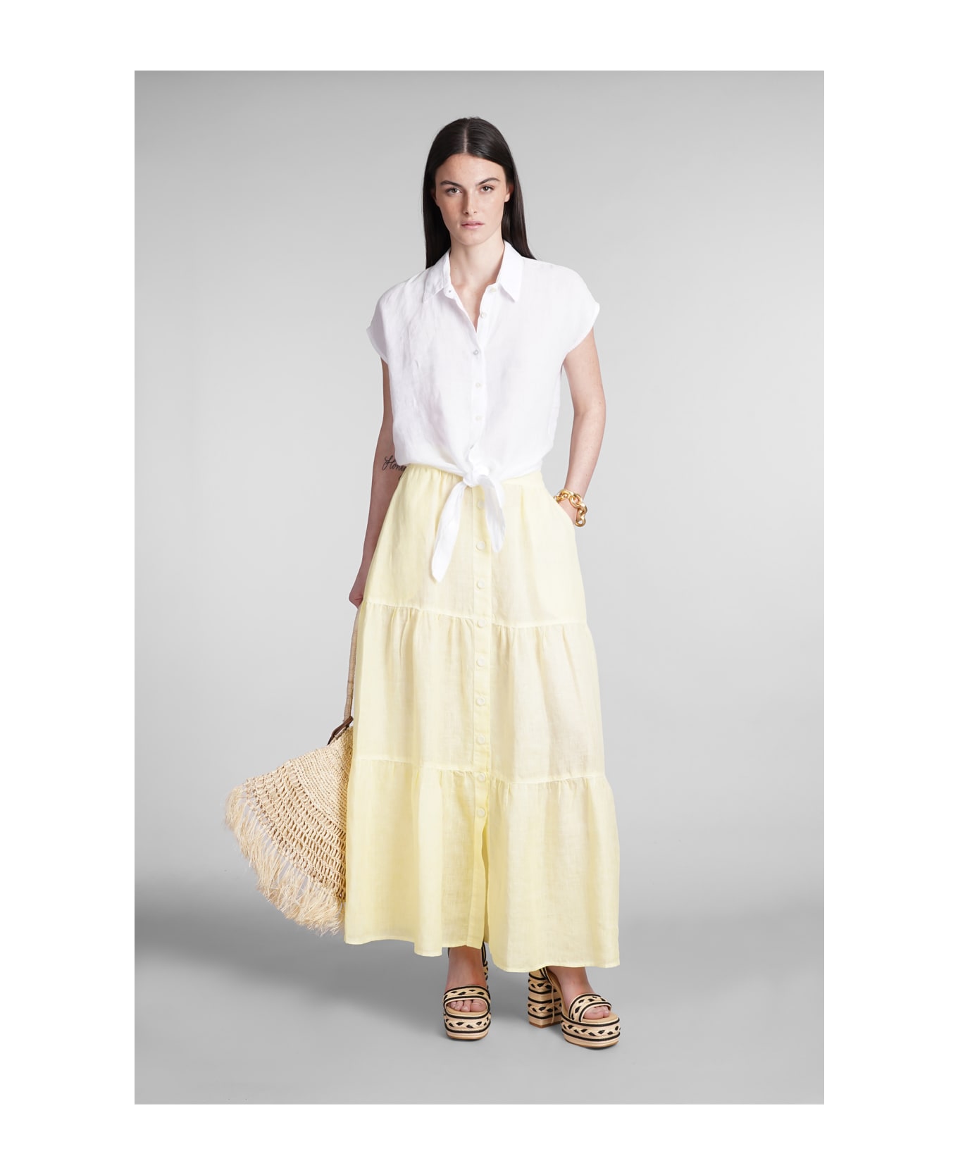 120% Lino Skirt In Yellow Linen - yellow