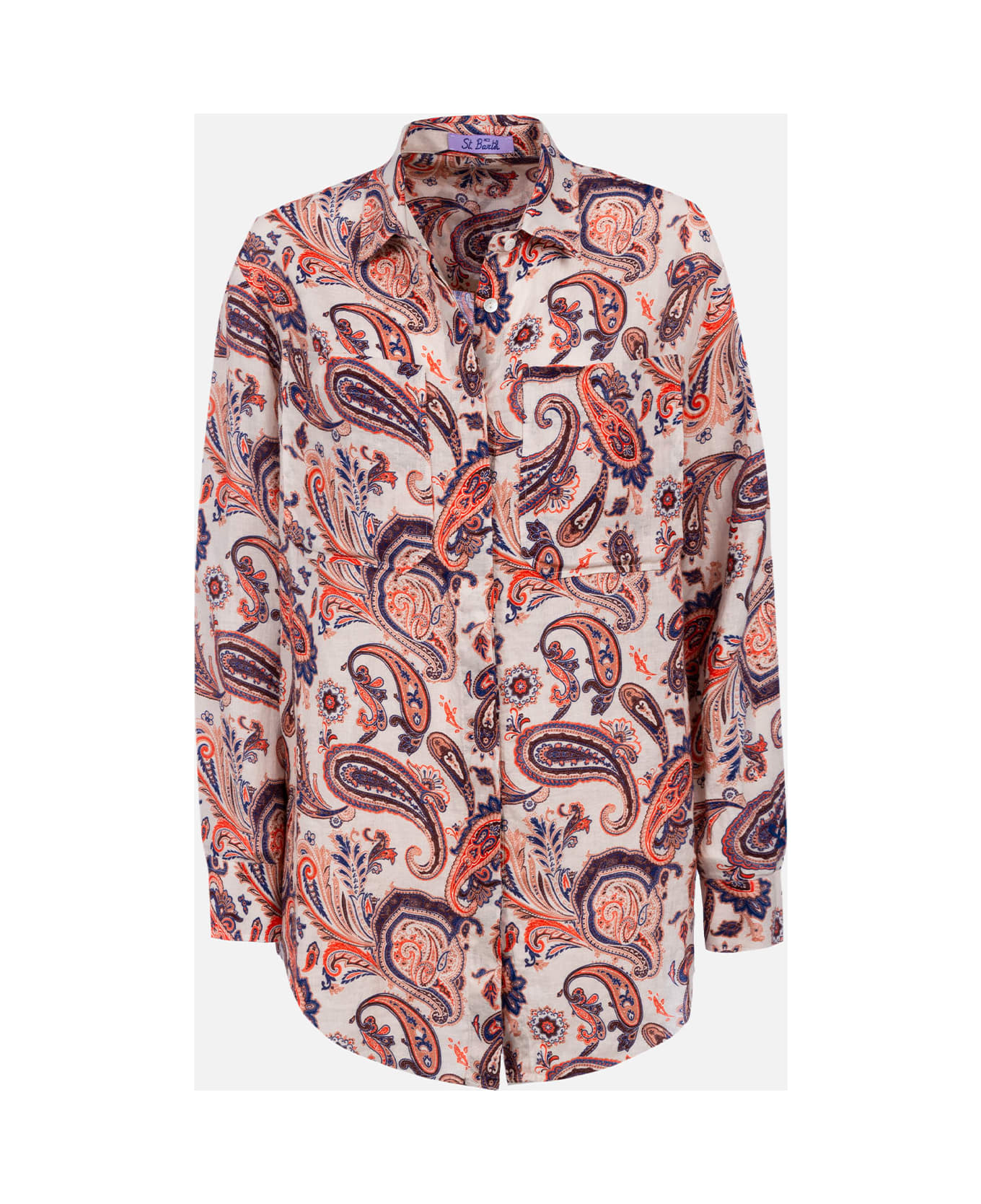 MC2 Saint Barth Woman Linen Shirt Alodie With Paisley Print And Pockets - WHITE