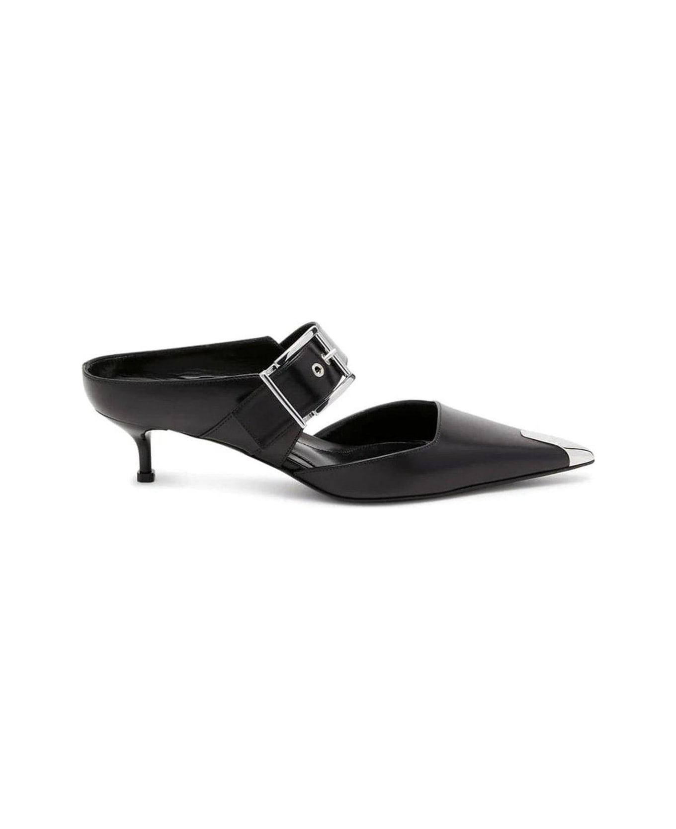 Alexander McQueen Punk Buckle Pointed Toe Mules - Black Silver