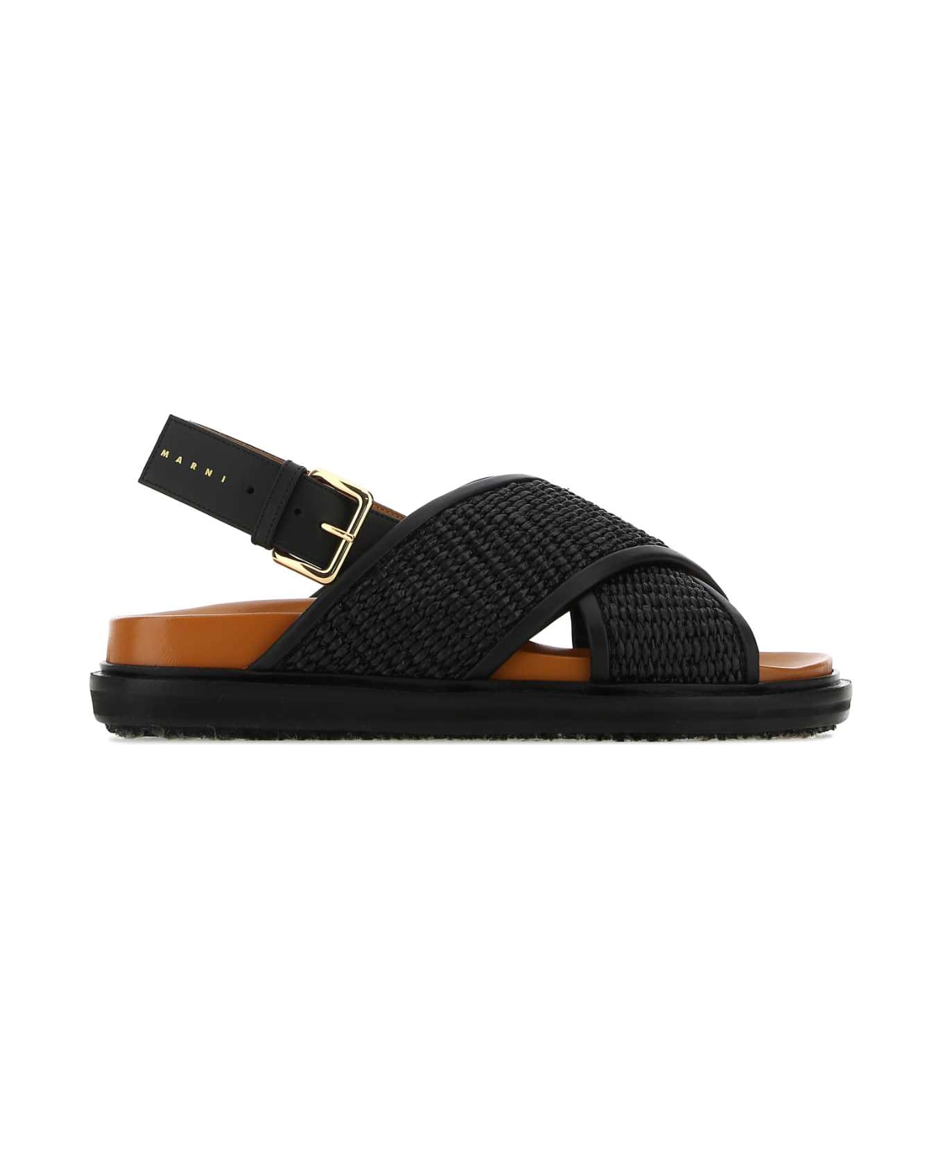 Marni Black Raffia And Leather Fussbett Sandals - ZO166