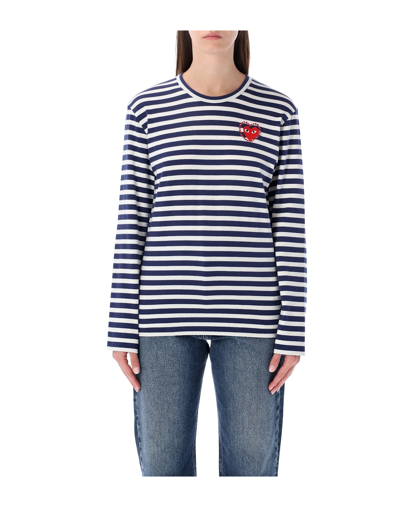 Comme des Garçons Play Striped Navy And White T-shirt With Crystal Heart - NAVY/WHITE