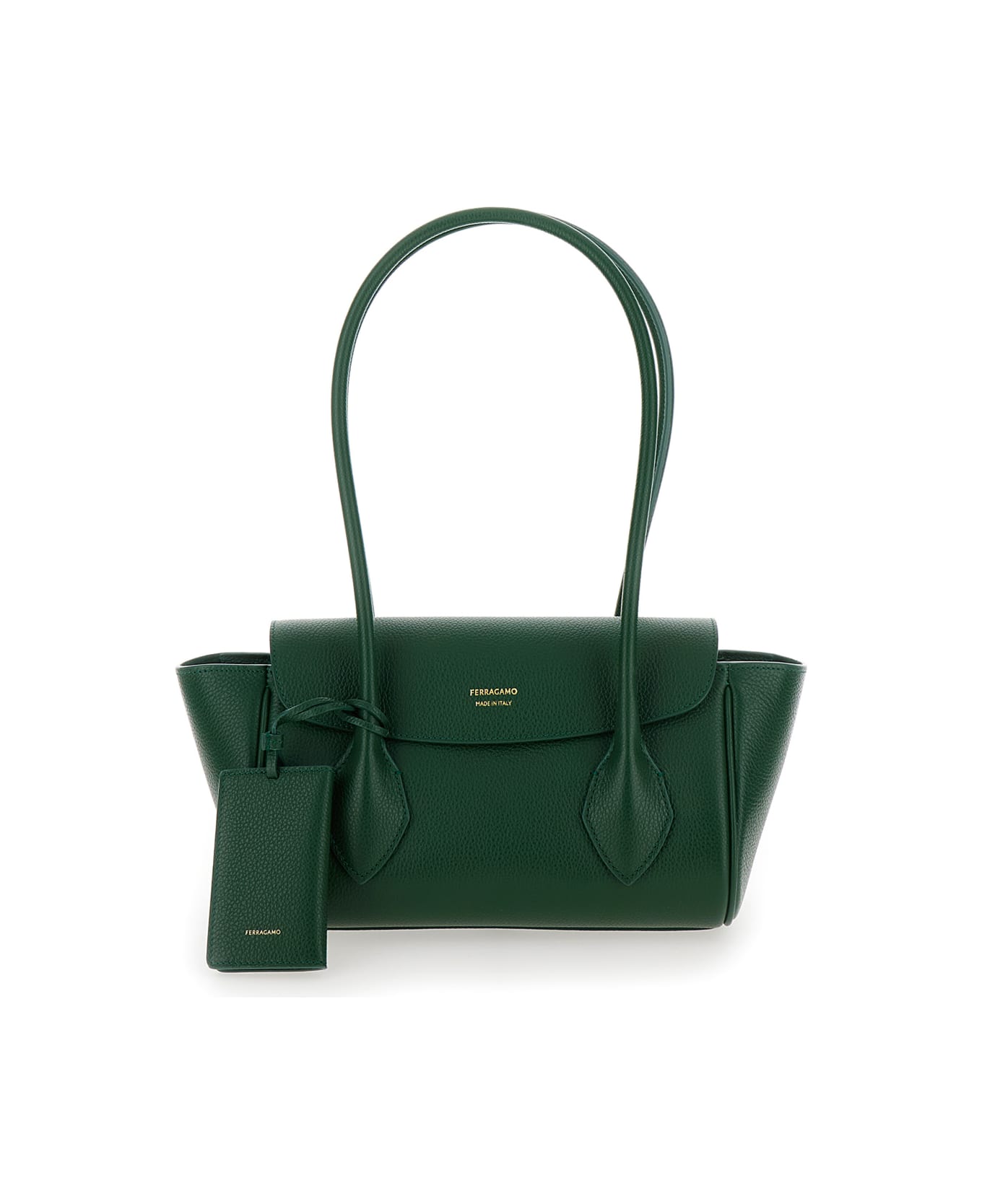 Ferragamo 'east-west S' Green Handbag With Logo Detail In Hammered Leather Woman - Green トートバッグ