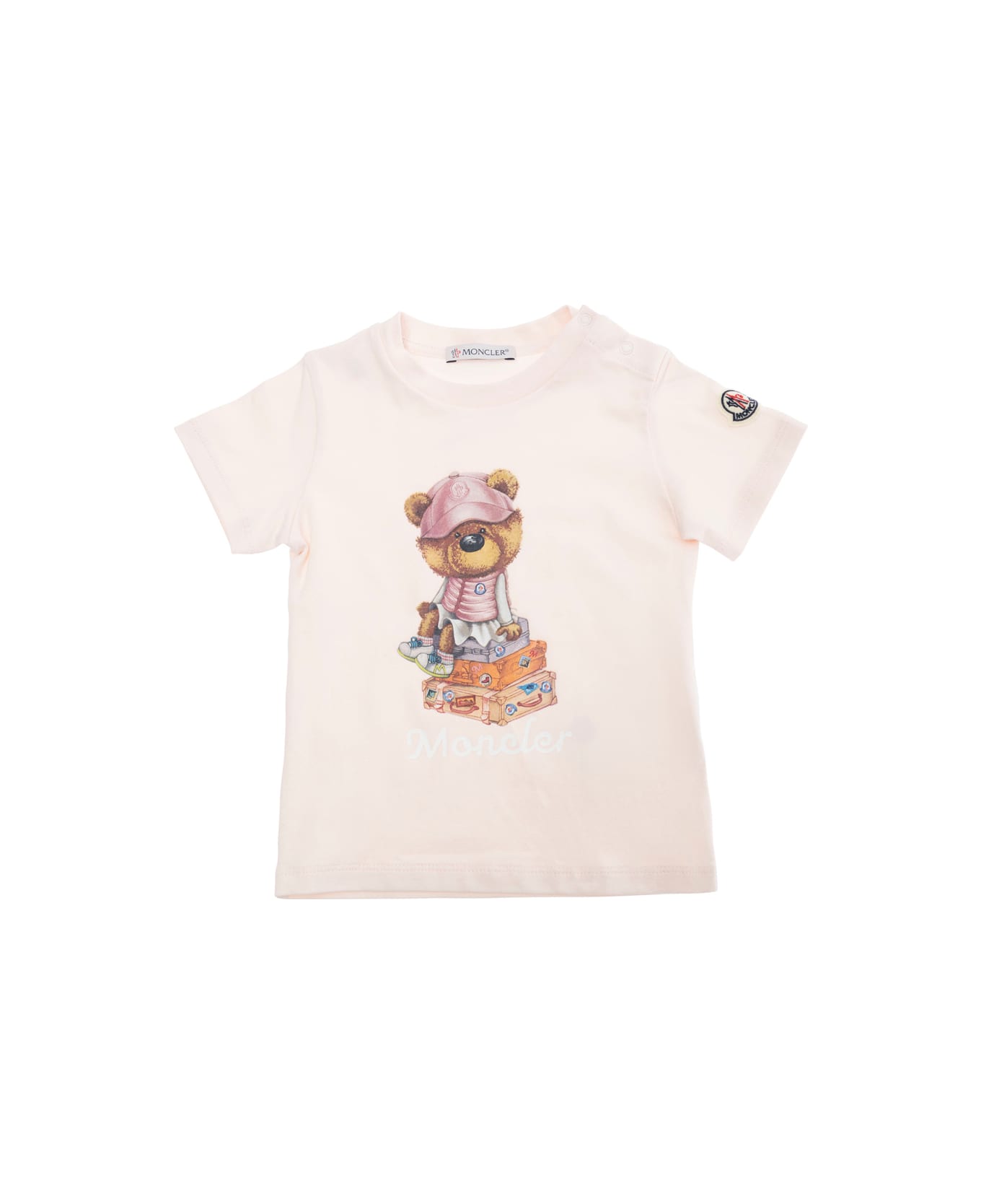 Moncler Pink T-shirt With Front Bear Print And Logo Patch In Cotton Baby - Pink