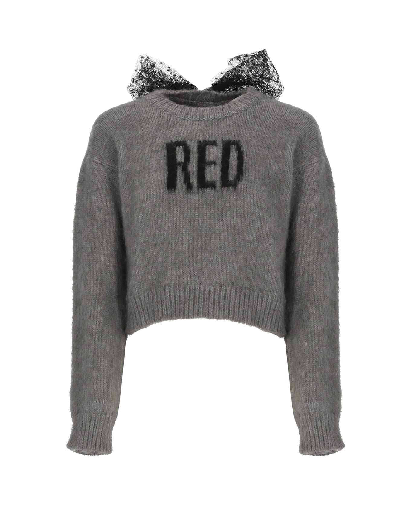 RED Valentino Red Crop Sweater In Grey With Tulle Point D'esprit - Grey フリース