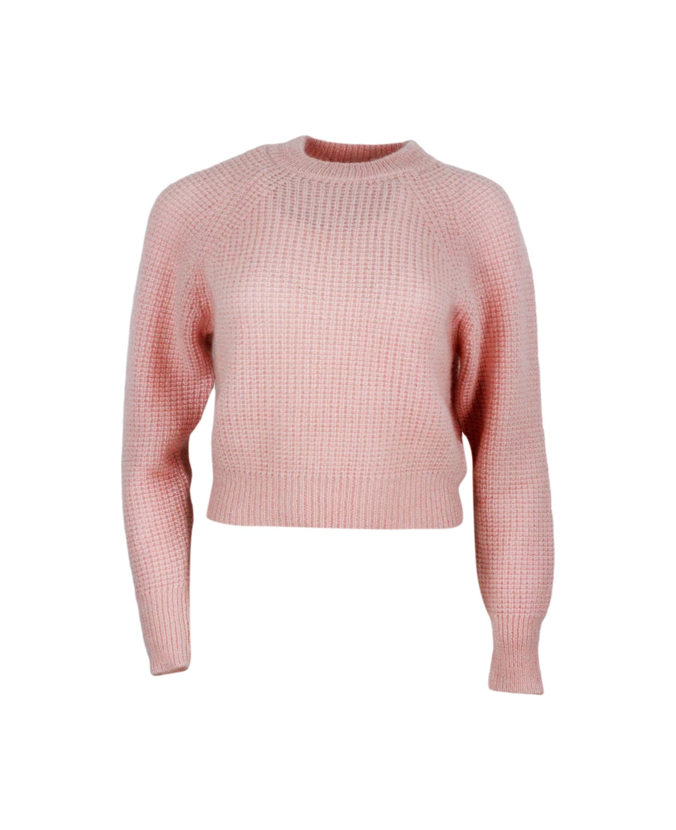 Fabiana Filippi Long-sleeved Crew-neck Sweater In Mohair, Cropped Model With Raglan Sleeves And Diamond Stitch Work - Pink ニットウェア