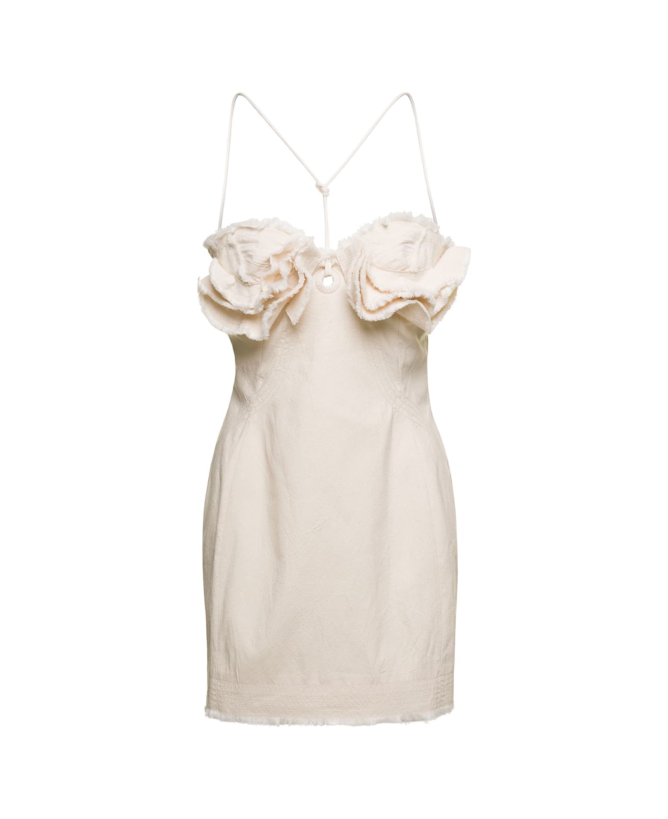 Jacquemus 'le Robe Artichaut' Frayed Mini White Dress With Ruffled Bust In Cotton Woman - White