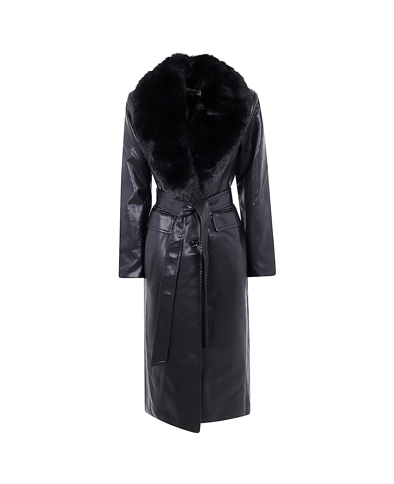 MICHAEL Michael Kors Faux Leather Robe Coat W Fx Fur Collar - Black