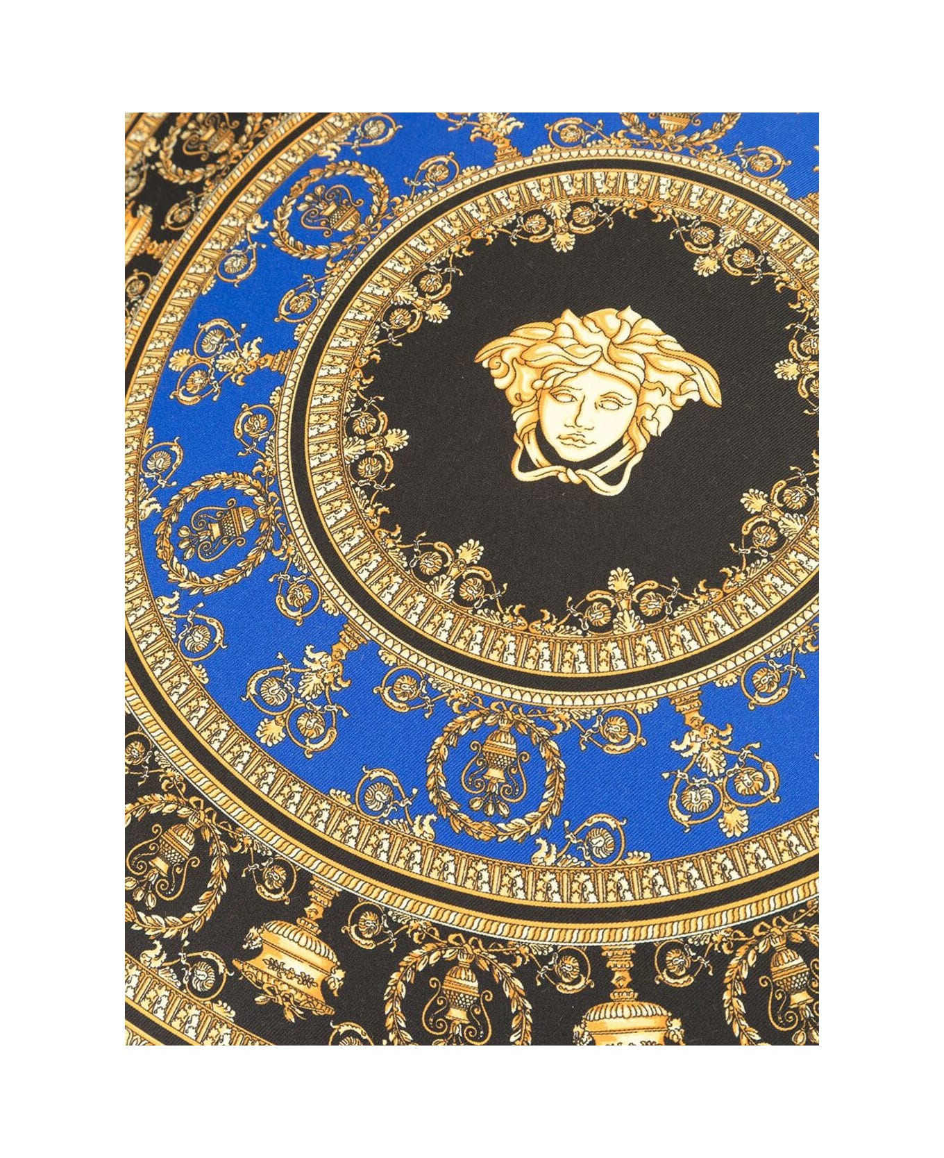 Versace Gold, Black And Blue Pillow  In Silk And Synthetic Fibers With Baroque Print - Blu
