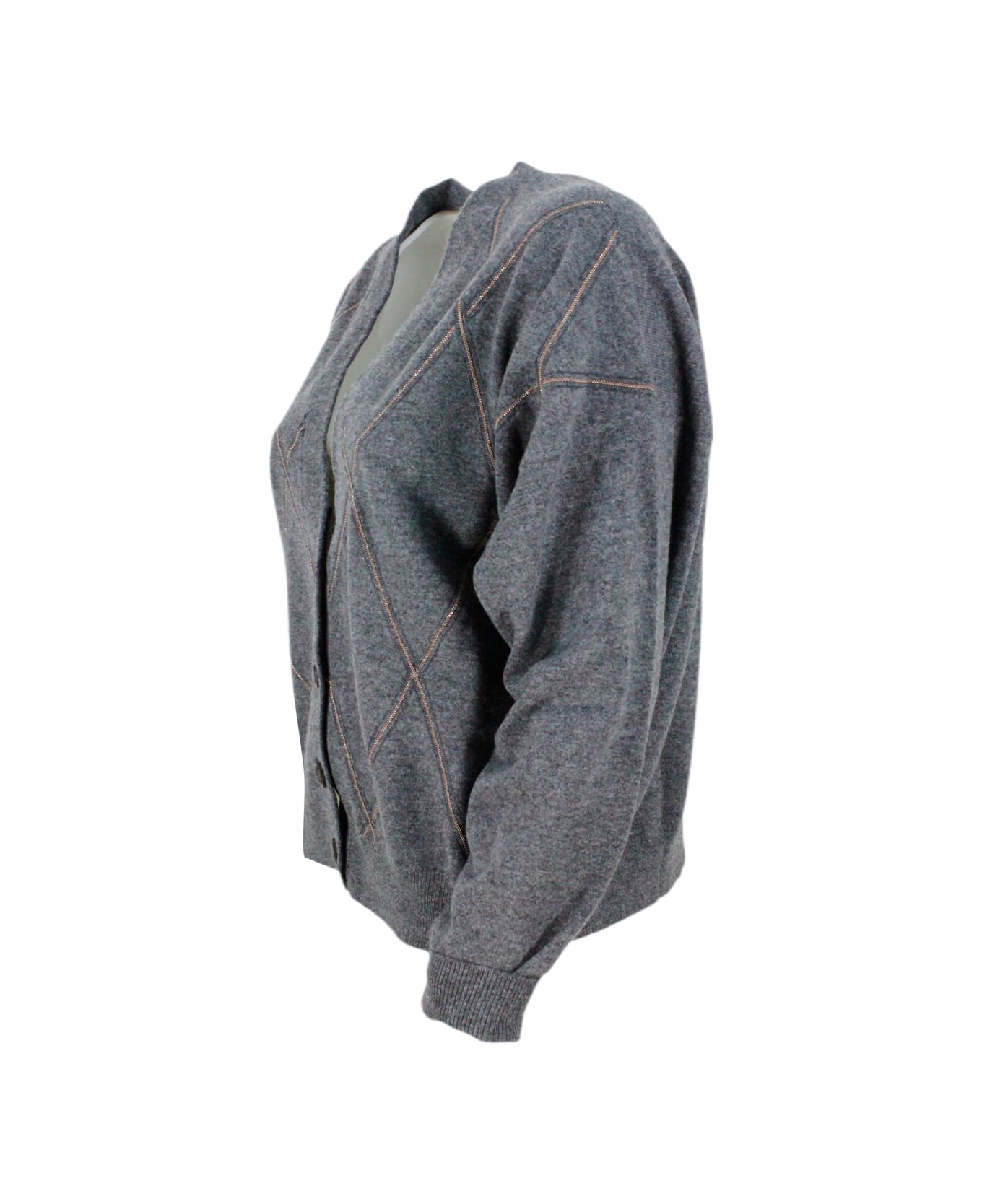 Brunello Cucinelli Cardigan Sweater Made Of Precious And Refined Wool, Silk And Cashmere With Diamond Pattern Embellished With Rows Of Brilliant Monili - Grey