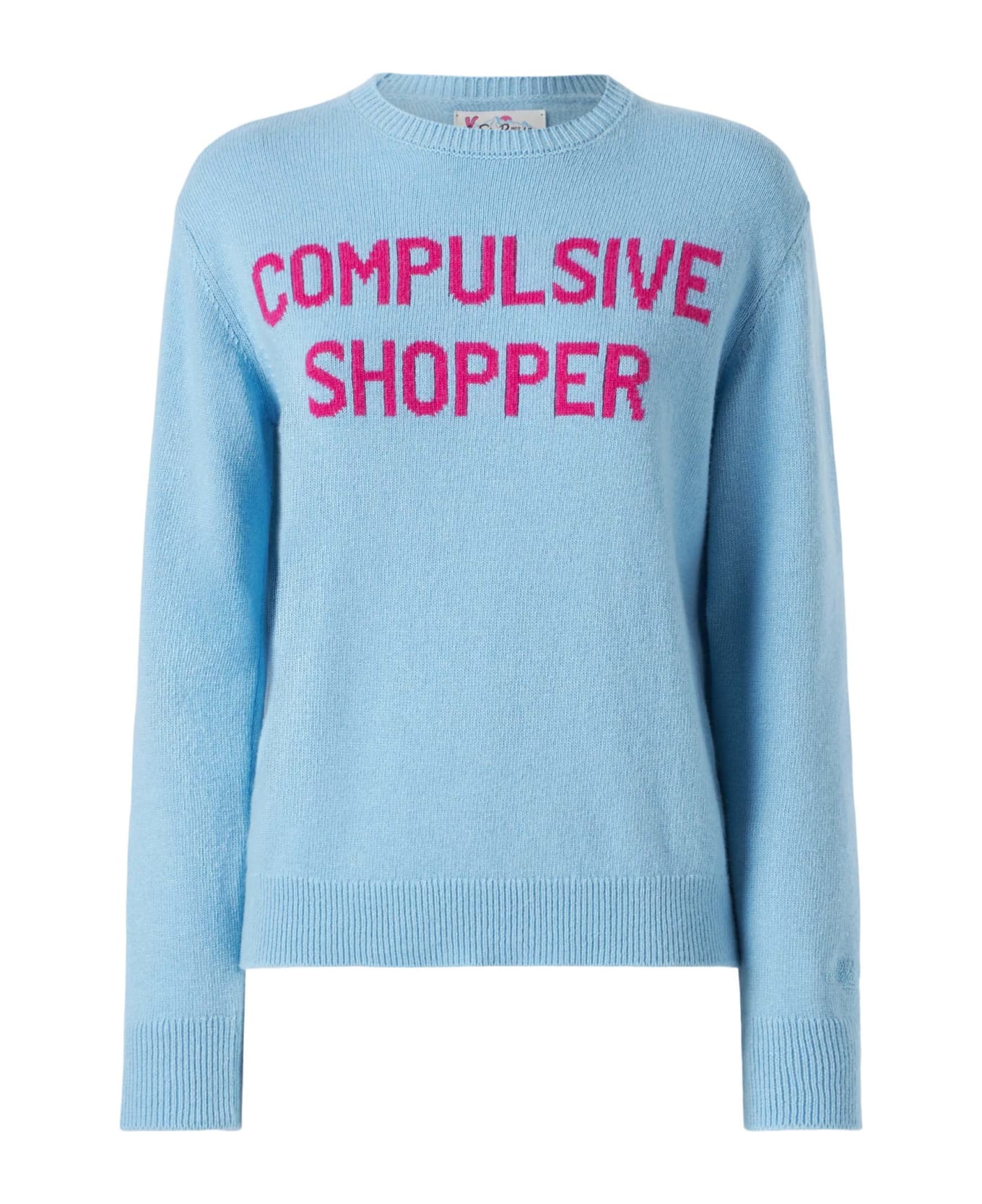 MC2 Saint Barth Woman Crewneck Light Blue Sweater With Compulsive Shopper Jacquard - SKY