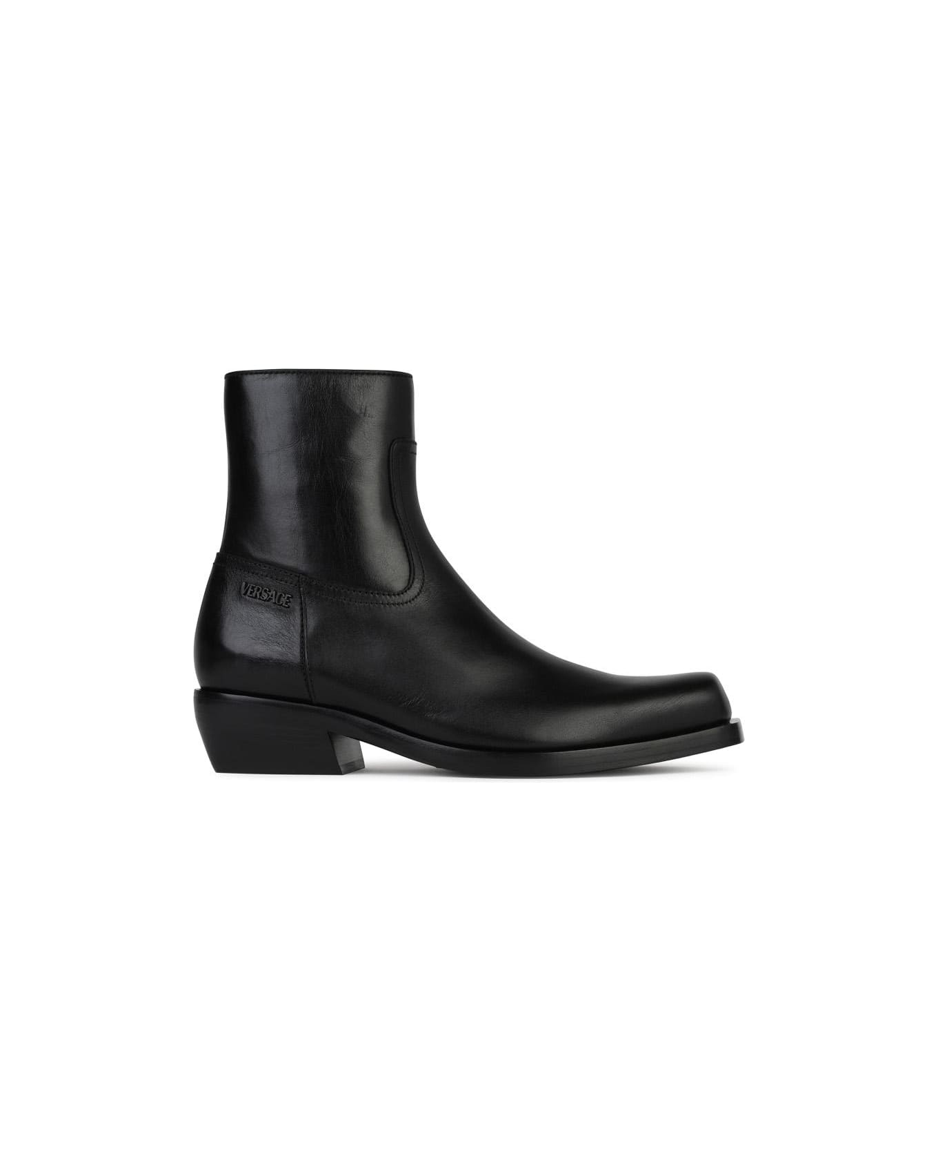 Versace Black Leather Ankle Boots - Black