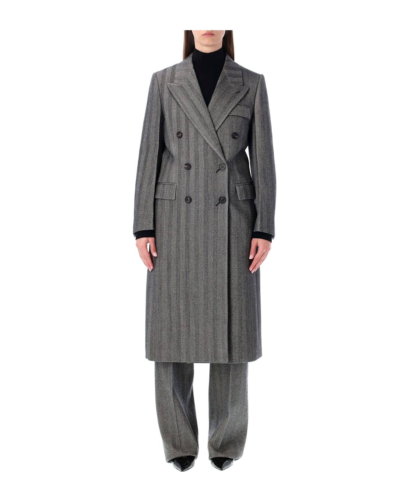 Ferragamo Oversized Double-breasted Chevron Wool Coat - NERO WHITE