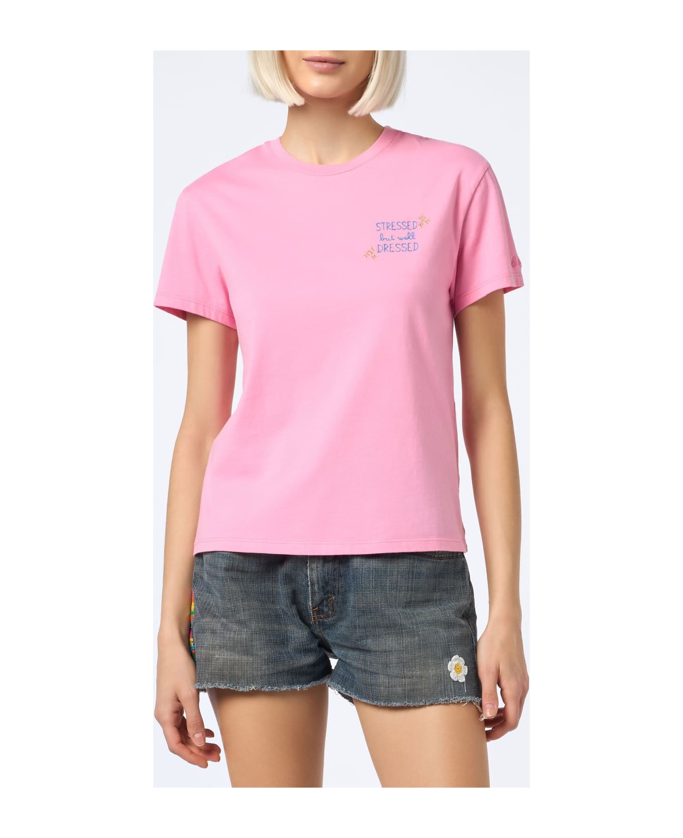 MC2 Saint Barth Woman Cotton Jersey Crewneck T-shirt Emilie With Stressed But Well Dressed Embroidery - PINK