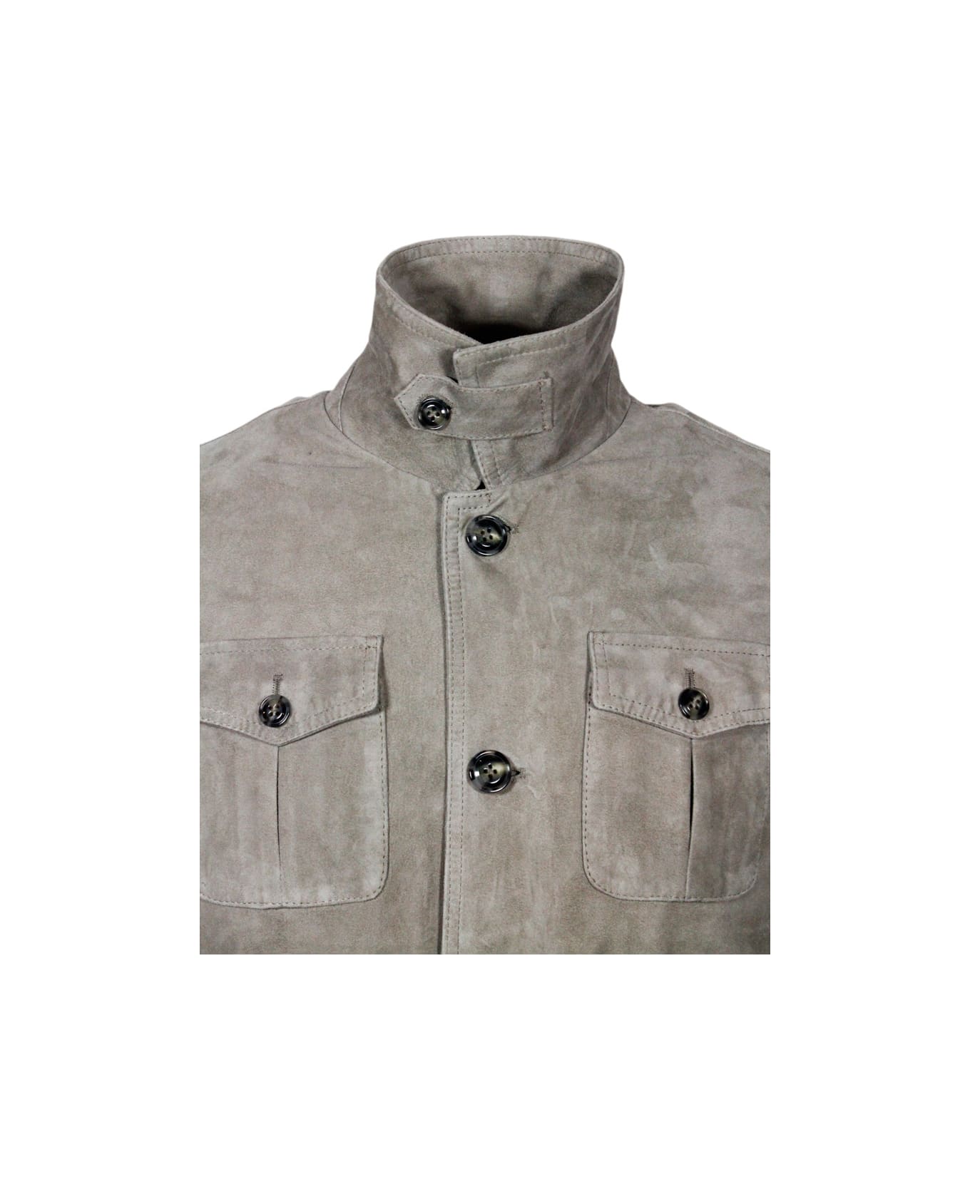Barba Napoli Bomber Jacket In Soft Stretch Suede With Button Closure And Cuffs And Knitted Bottom. Interior In Cotton Jersey - Beige ジャケット
