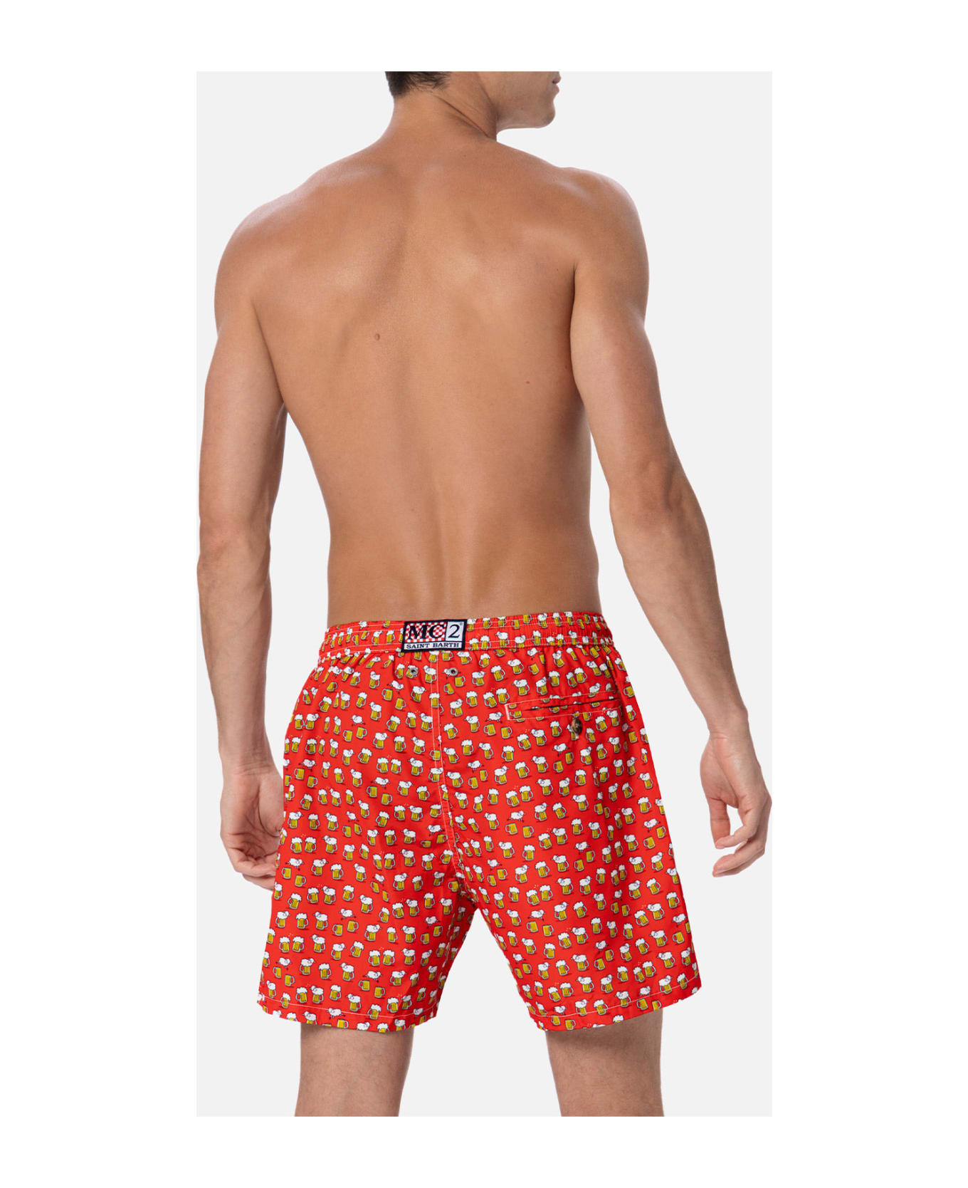 MC2 Saint Barth Man Lightweight Fabric Swim-shorts Lighting Micro Fantasy With Beer Print - RED