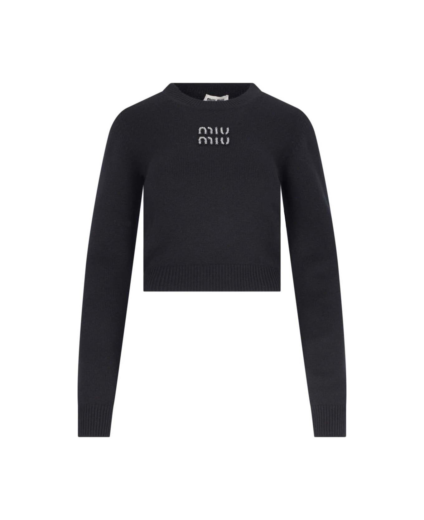 Miu Miu Cropped Sweater With Rhinestones - Nero