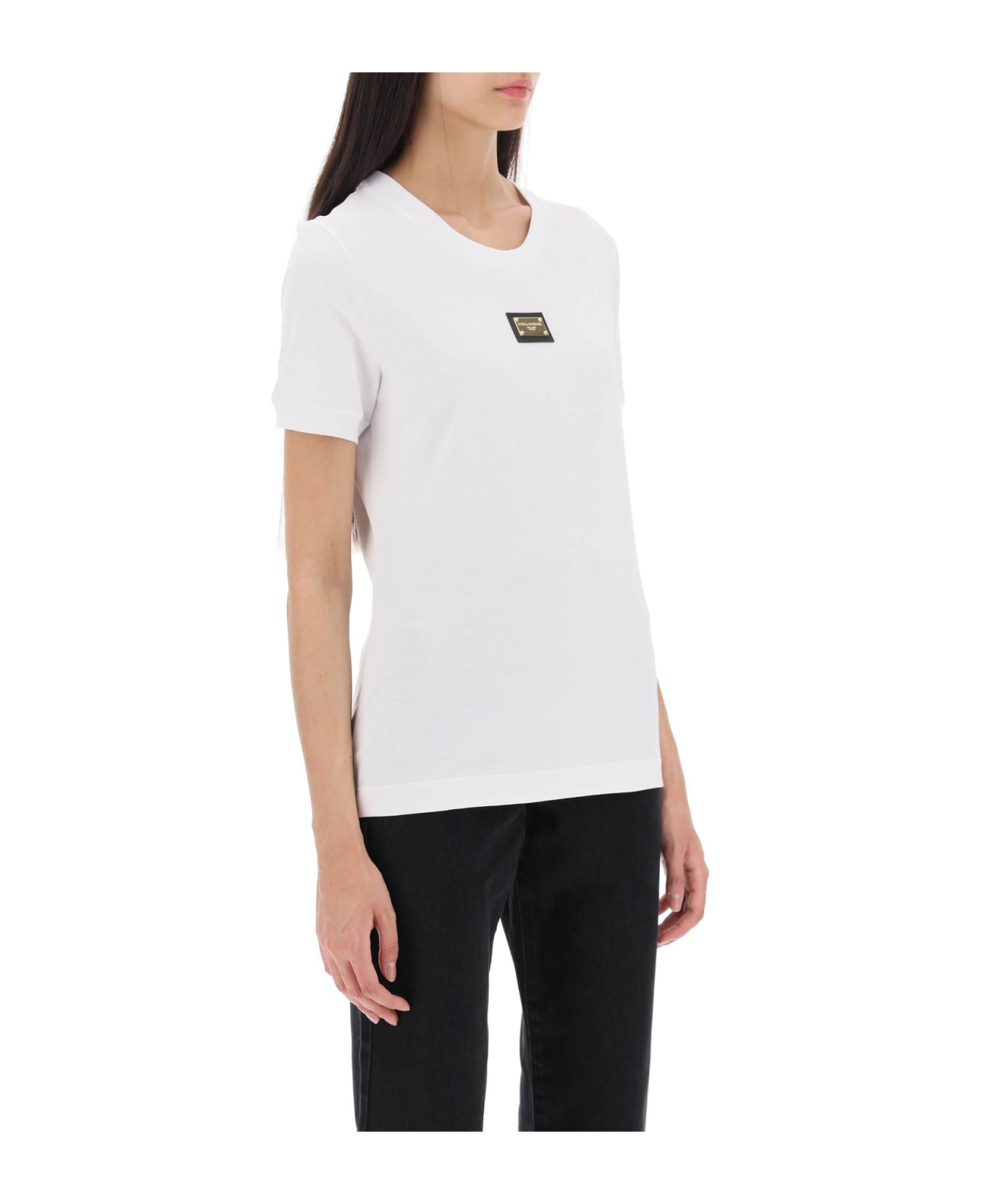 Dolce & Gabbana T-shirt With Logoed Metal Plaque - Bianco Ottico