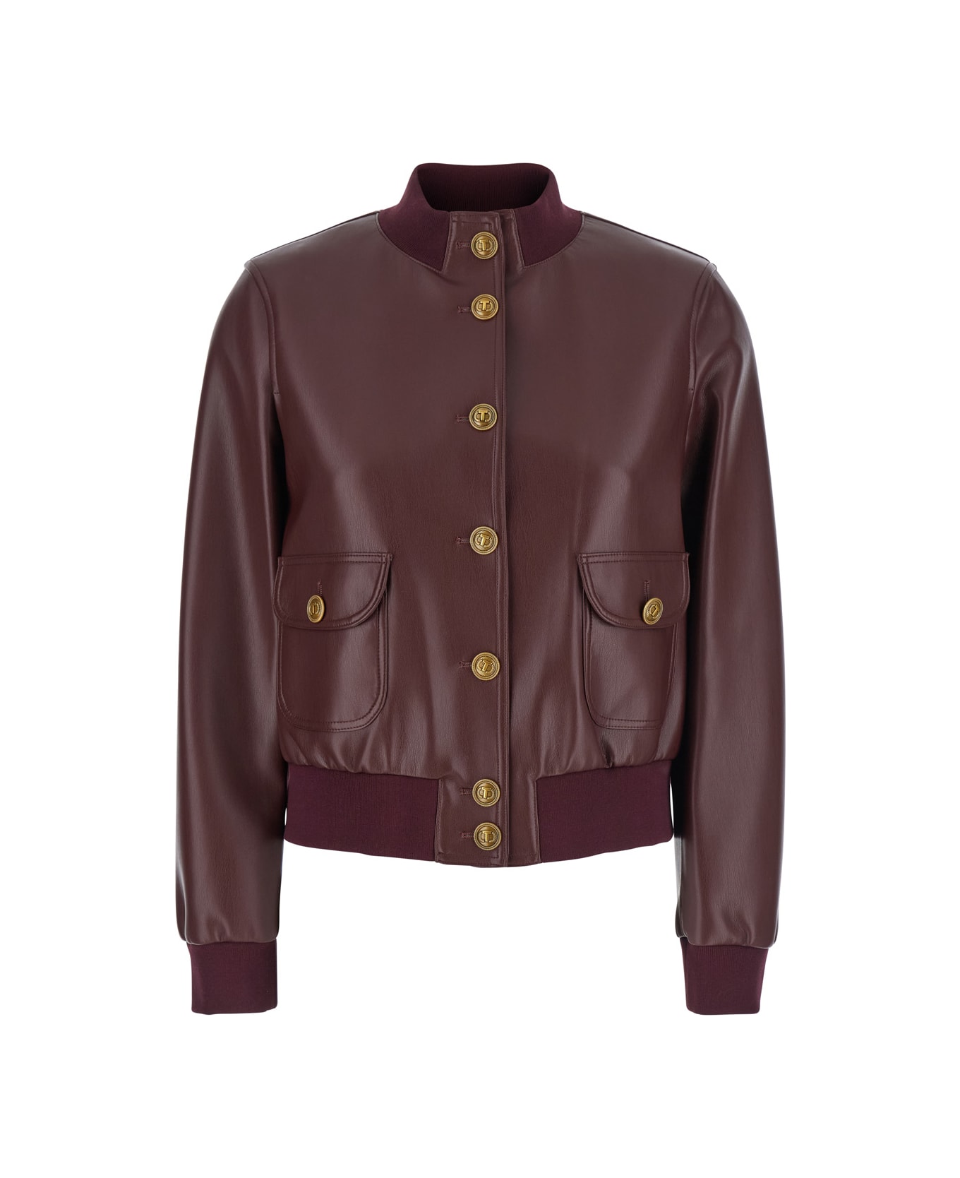 TwinSet Bordeaux Jacket With High Neck And Front Jewel Button Closure In Ecoleather Woman - Burgundy