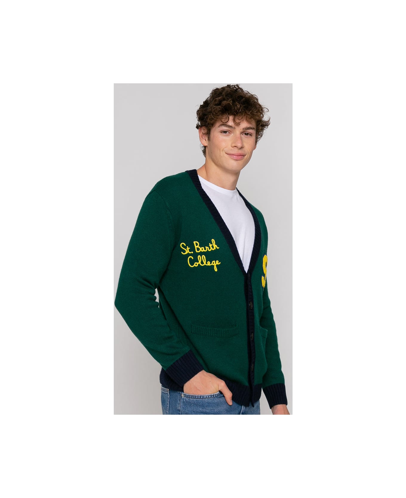 MC2 Saint Barth Knitted Cardigan With Patch And St. Barth College Embroidery - GREEN