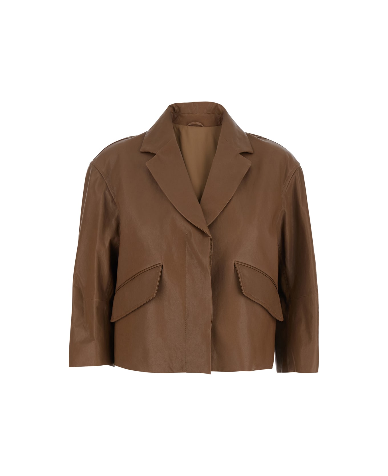 Brunello Cucinelli Brown Crop Jacket With Classic Lapels And Three-quarter Sleeves In Leather Woman - Brown ブレザー