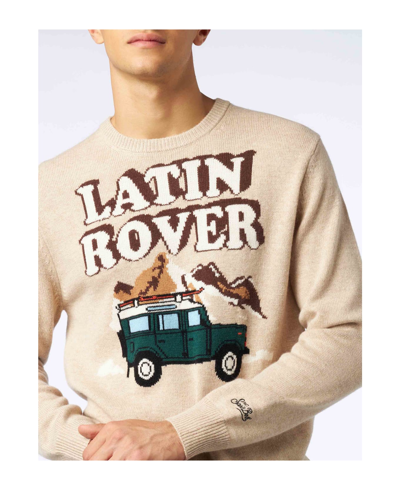MC2 Saint Barth Man Crewneck Sweater With Latin Rover Jacquard Print - BROWN