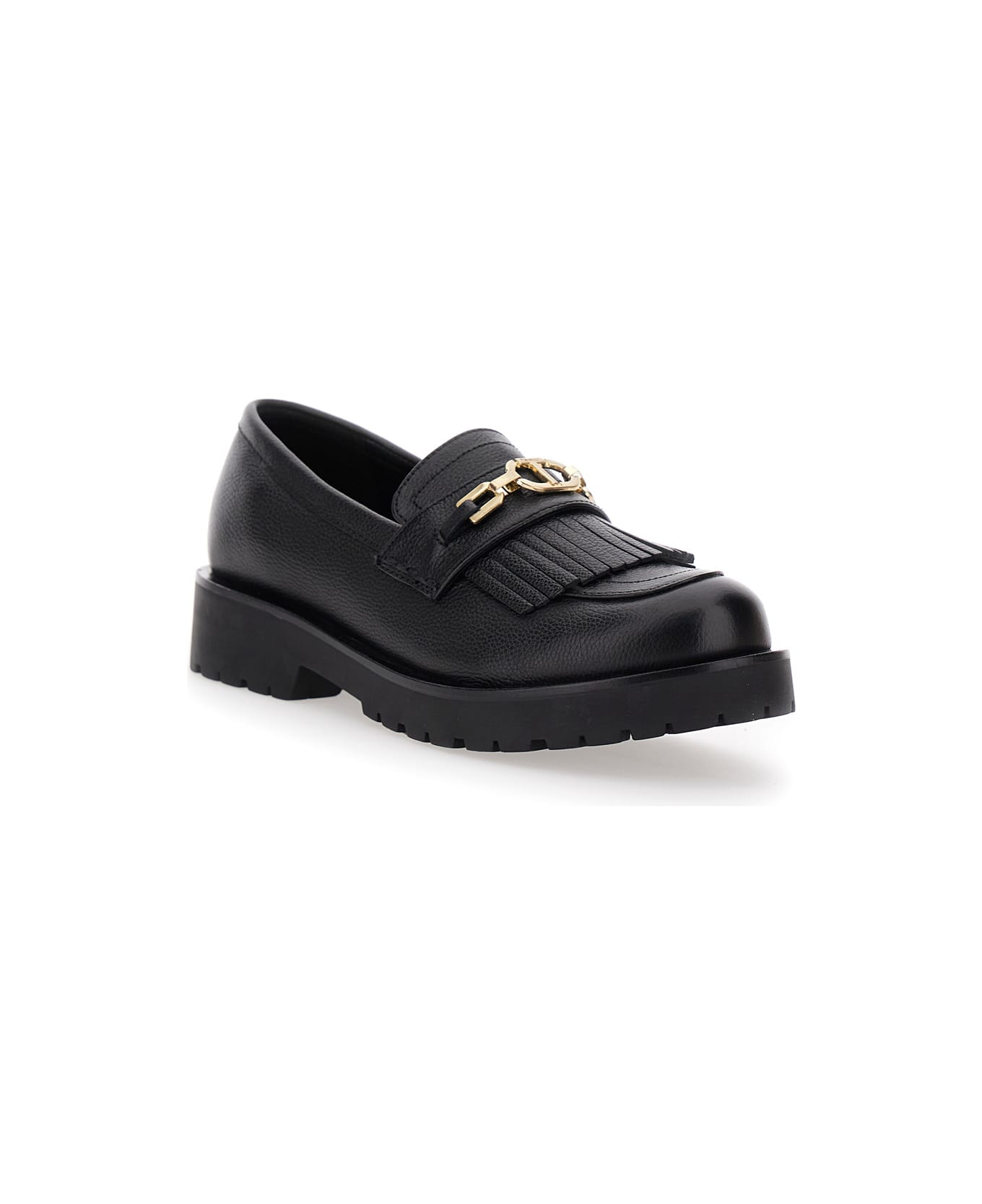 TwinSet Black Loafers With Platform And Metallic Logo In Leather Woman - Black