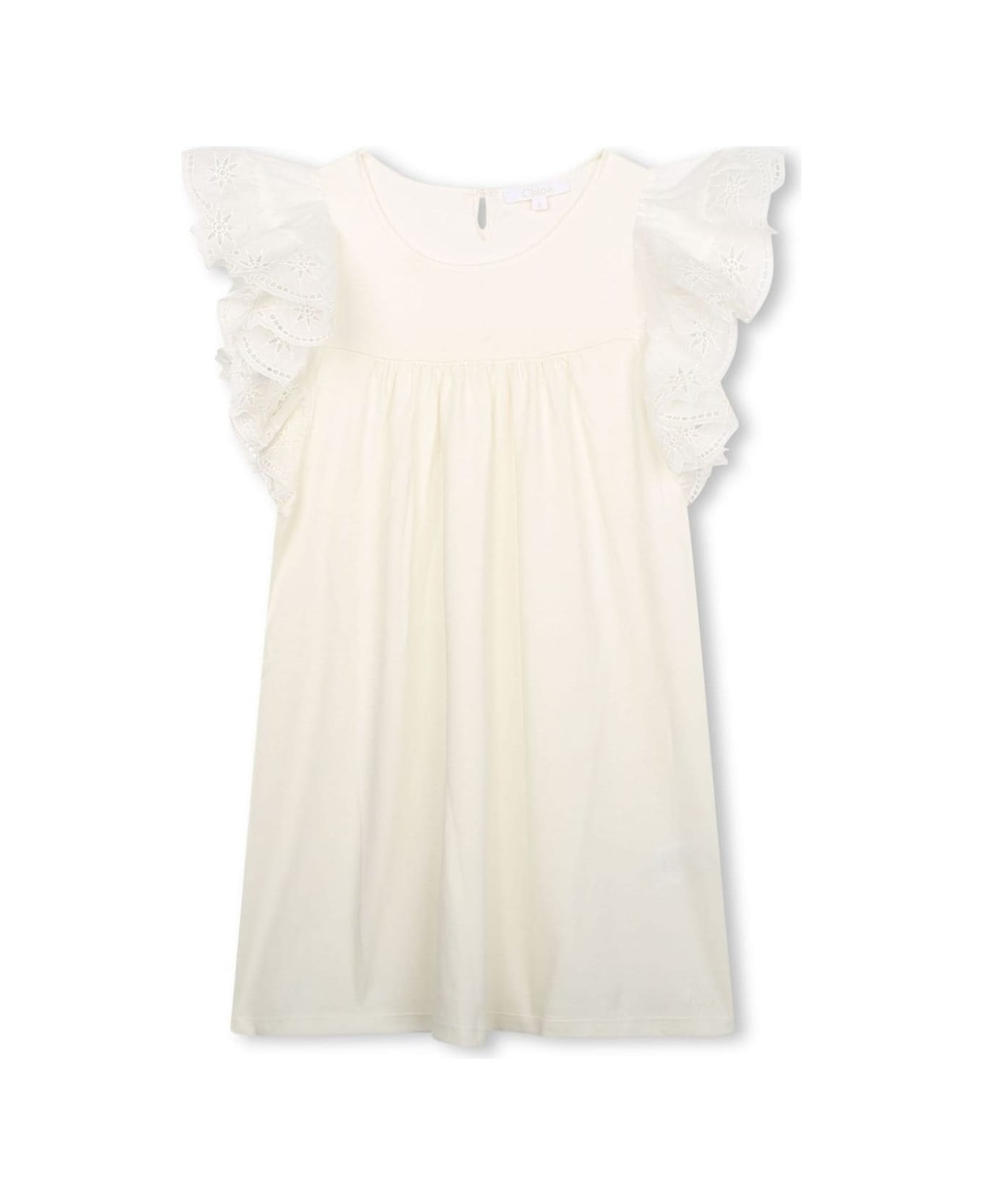 Chloé Cream White Dress With Cap Sleeves In Cotton Girl - White