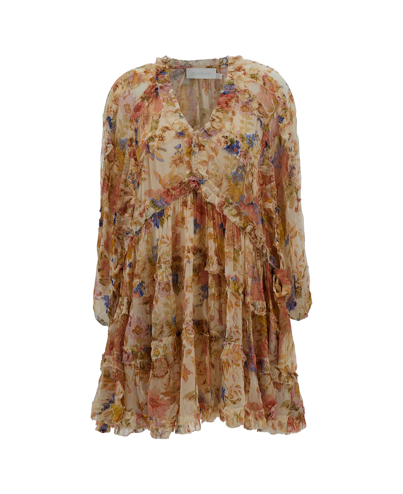Zimmermann 'august' Mini Multicolor Frill Dress With Floreal Print In Viscose Woman - Multicolor ワンピース＆ドレス