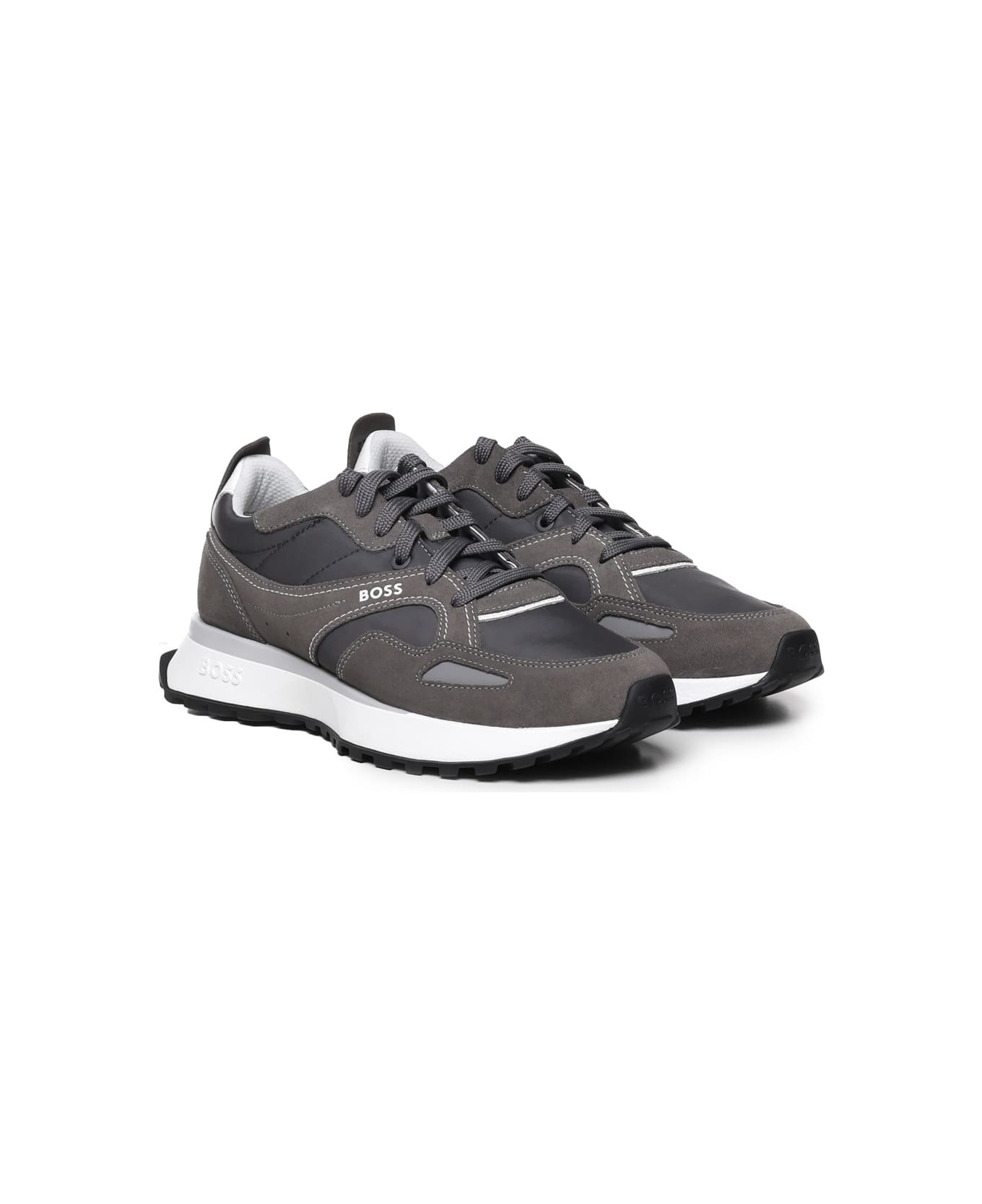 Hugo Boss Mixed Materials Sneakers With Suede And Branded Trim - Grey