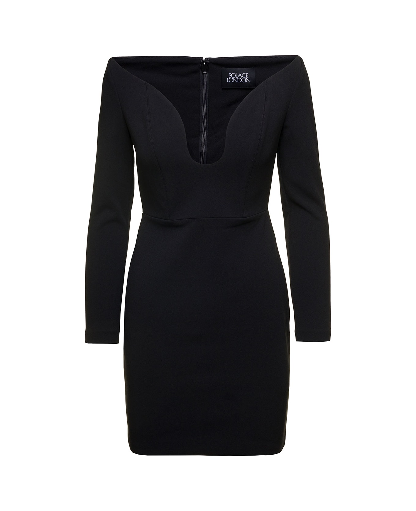 Solace London Black ' Uma' Mini Dress With Long Sleeves And U-neck In Polyester Woman - Black ワンピース＆ドレス