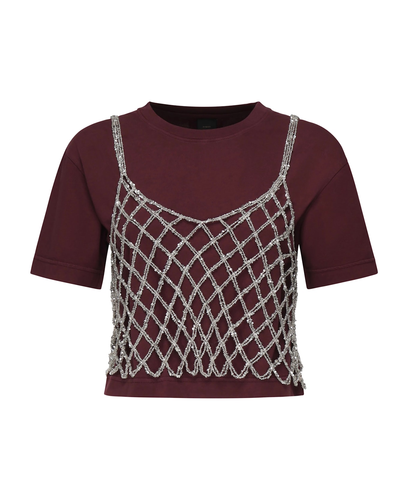 Pinko Cotton Cropped T-shirt - BORDEAUX/SILVER
